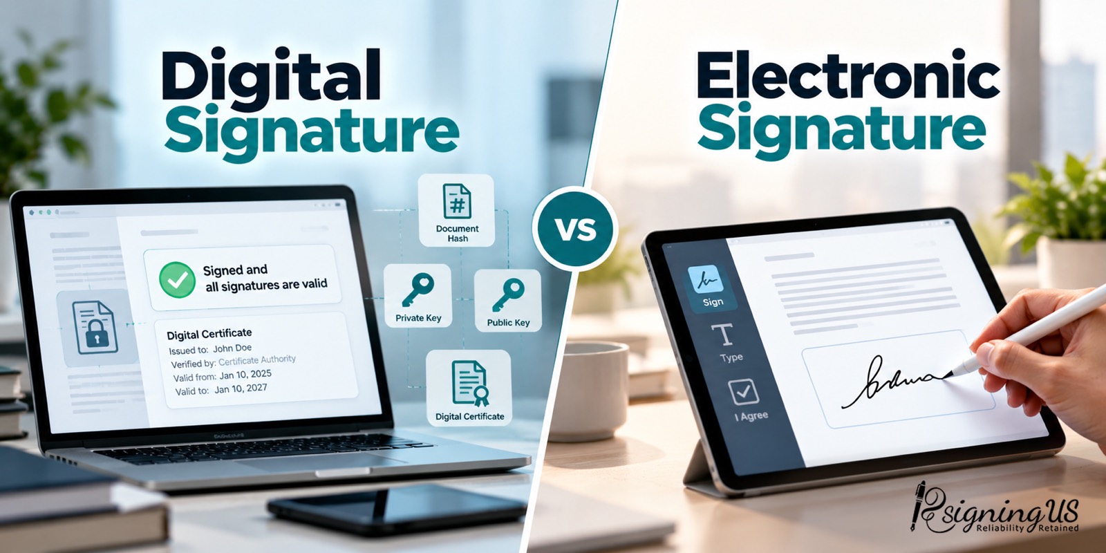 A laptop showing a signed document with its digital certificate and key icons, beside a tablet where someone signs with a stylus.