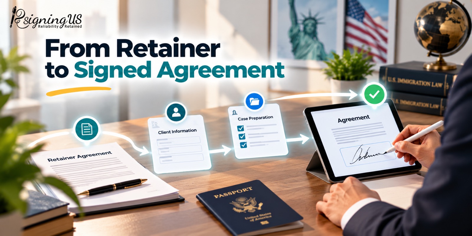 A retainer agreement moving from paper through client information and case preparation to a signature on a tablet.