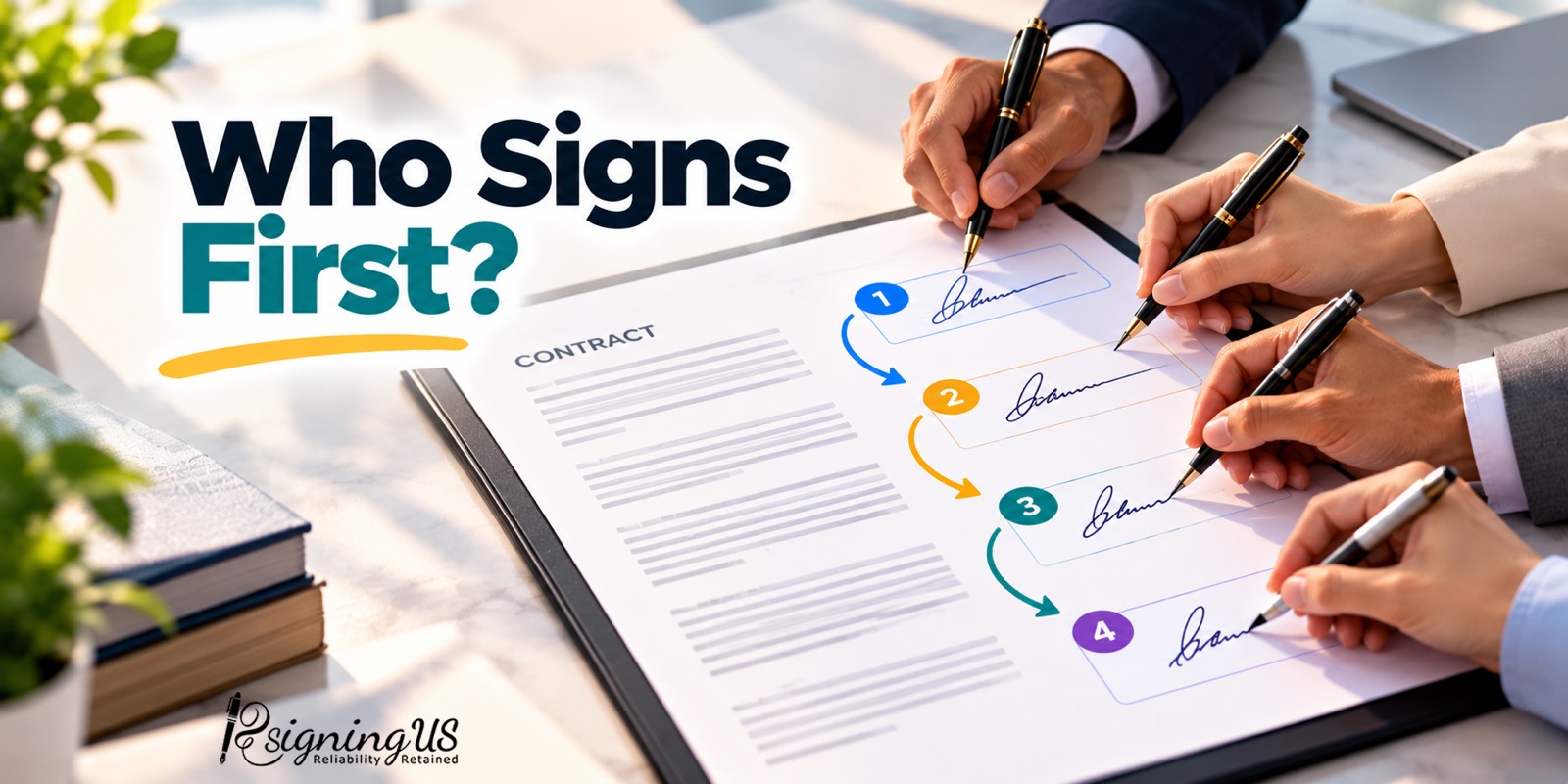 Four people signing one contract, their signature boxes numbered one to four and joined by arrows.