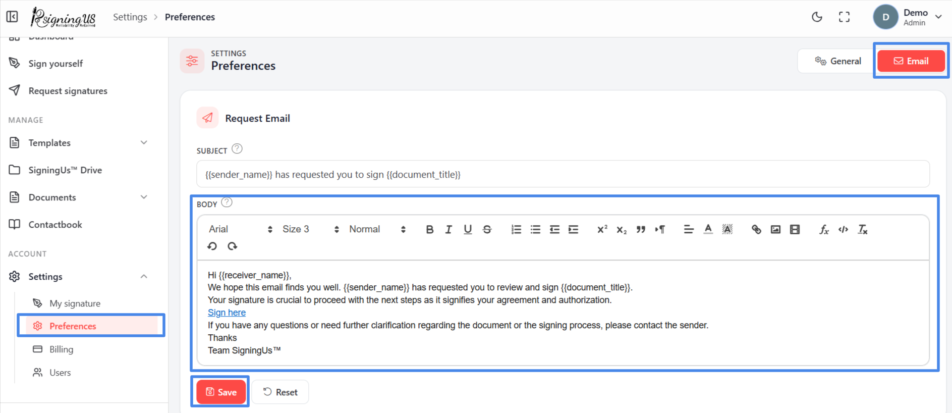 Customize request and completion emails in the SigningUs app
