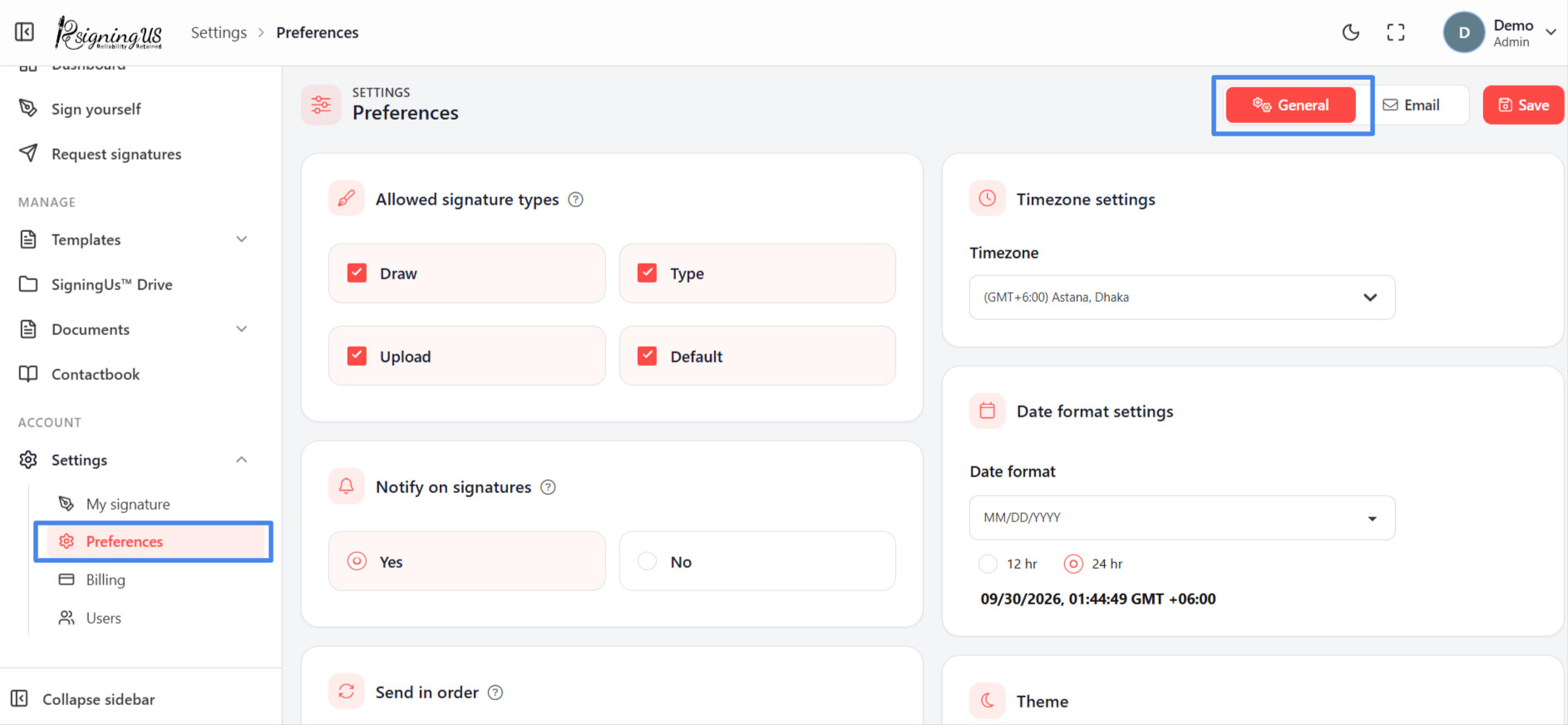 General preferences in the SigningUs app