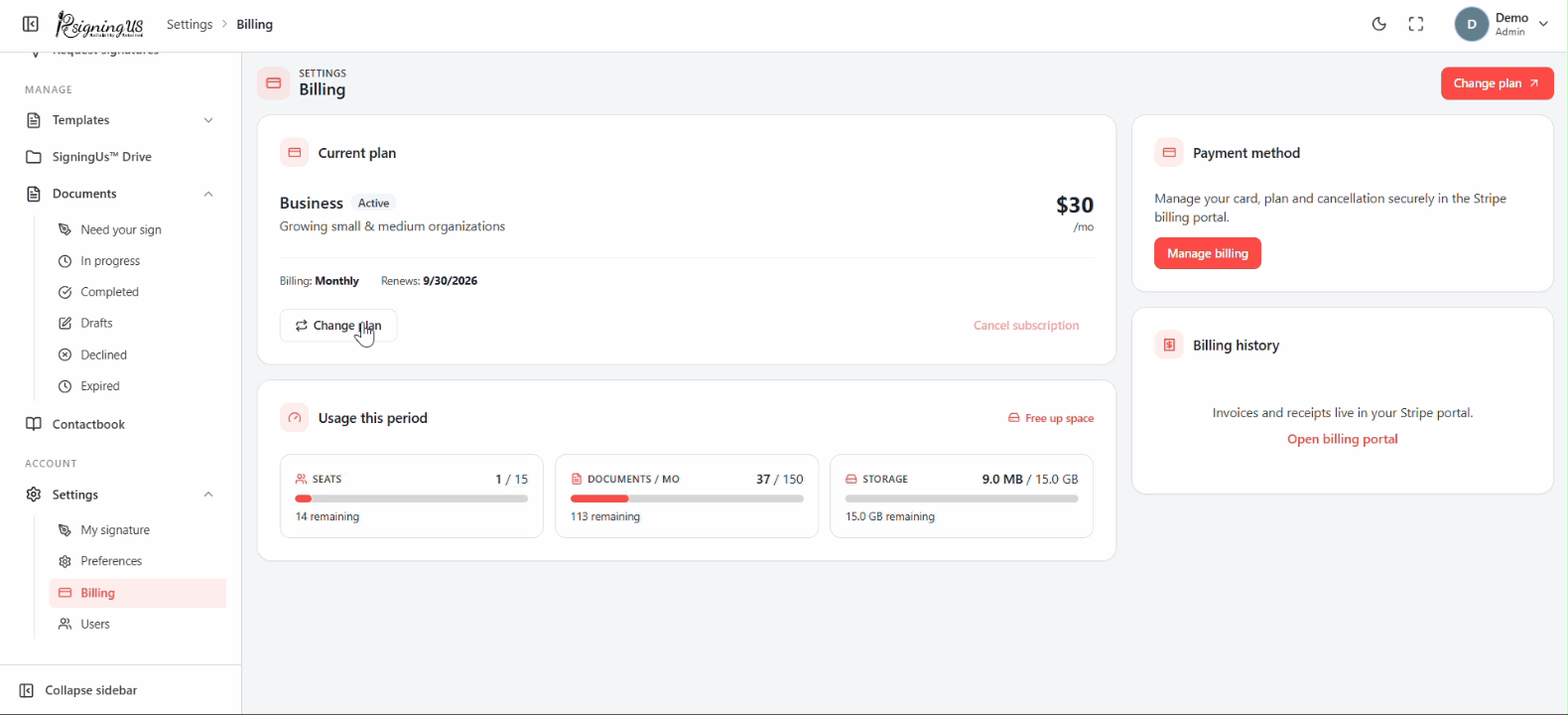 Choose or change a plan in the SigningUs app