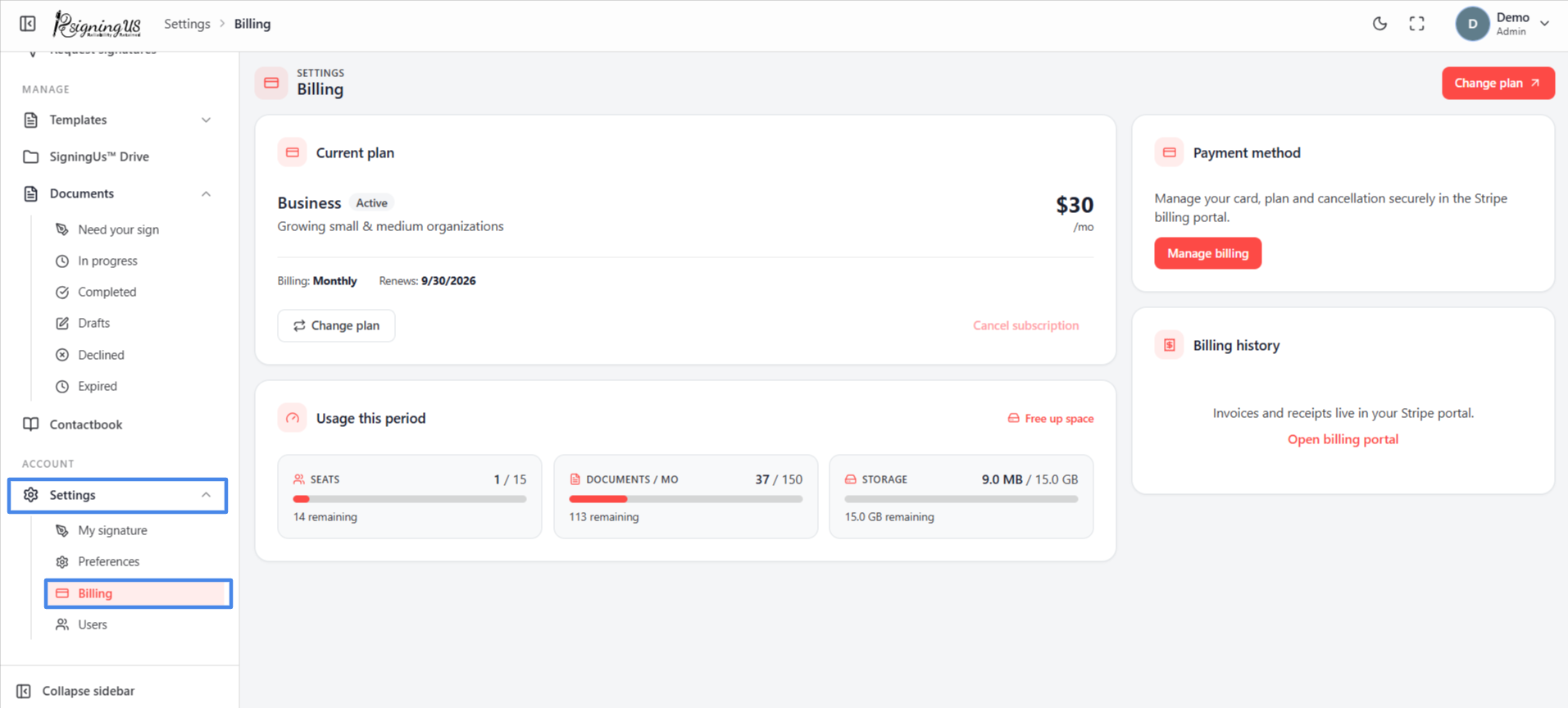 The Billing page in the SigningUs app