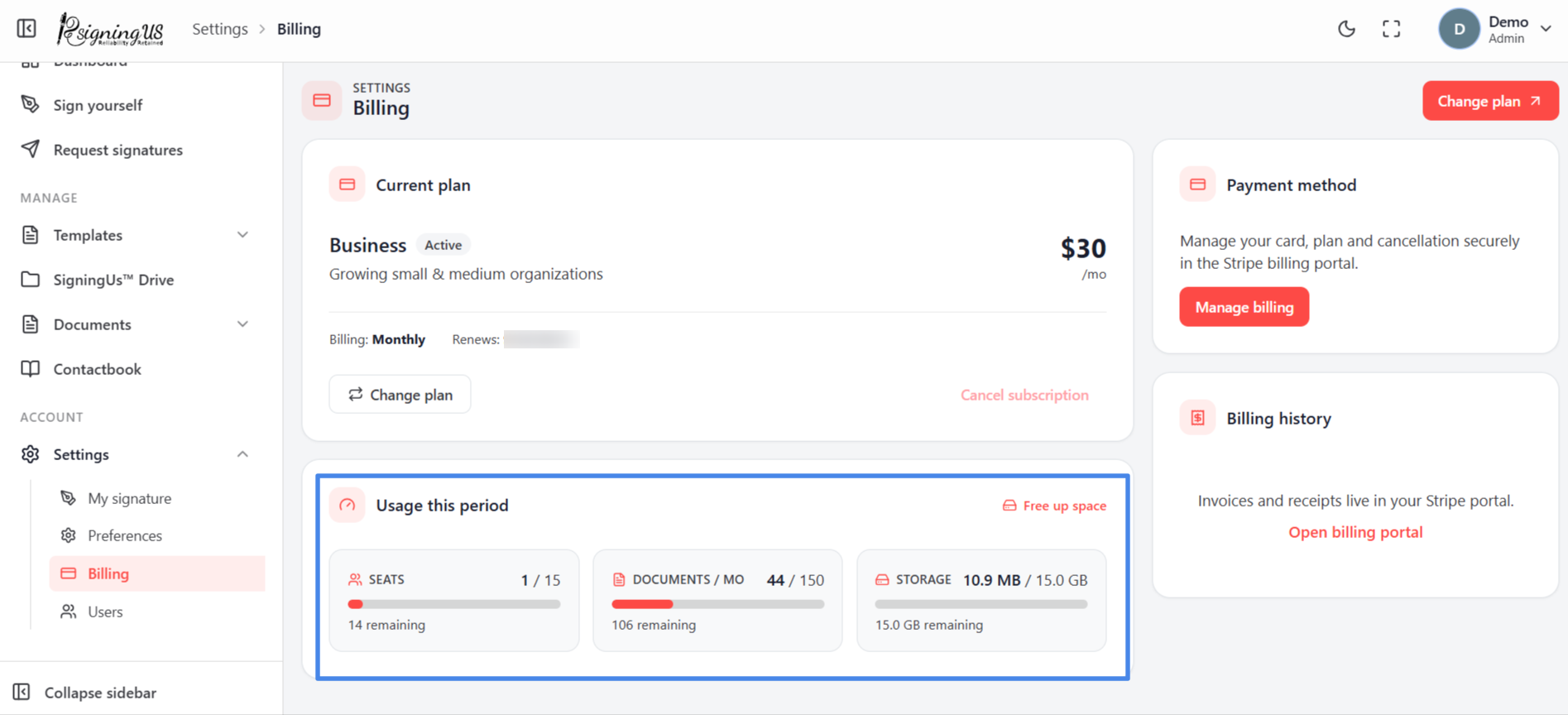 Usage and limits in the SigningUs app
