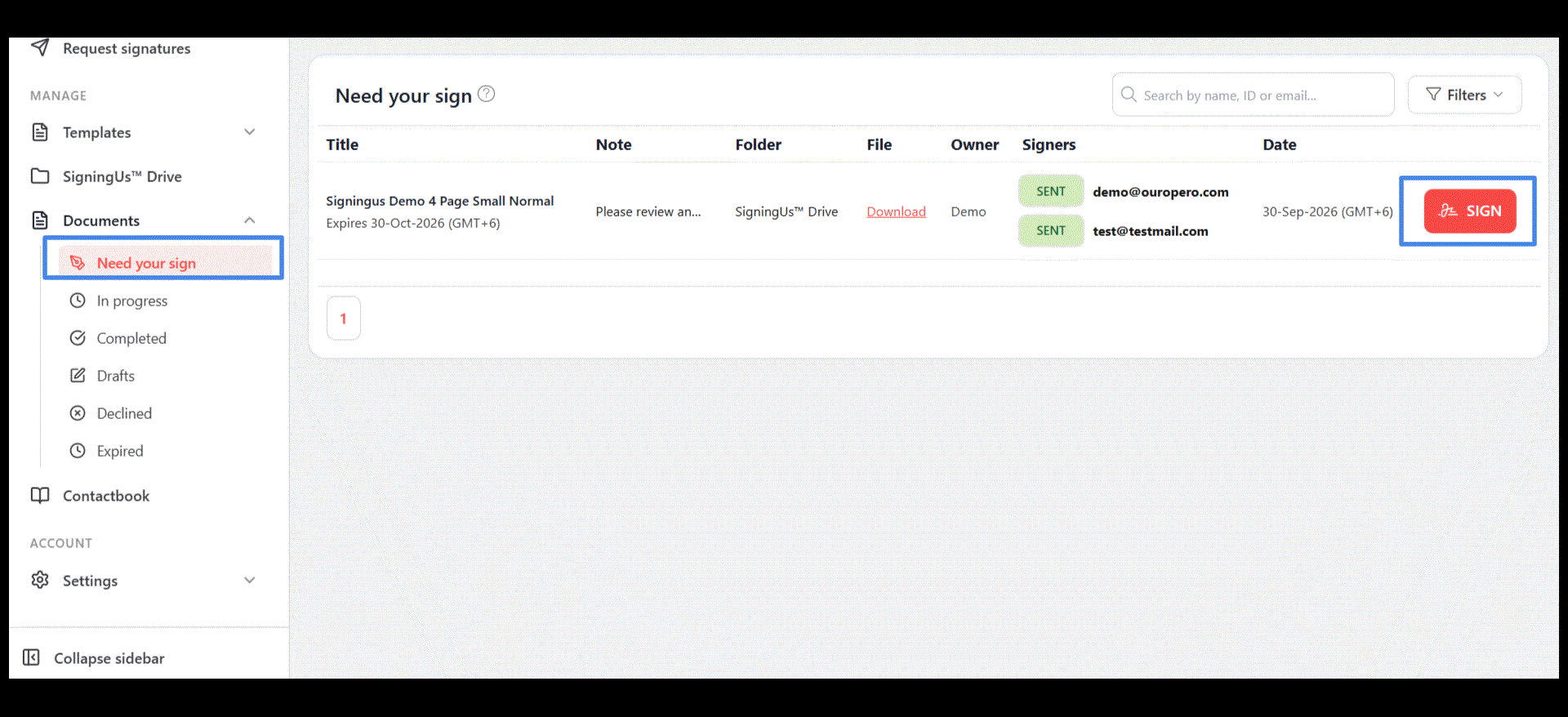 Actions available on each list in the SigningUs app