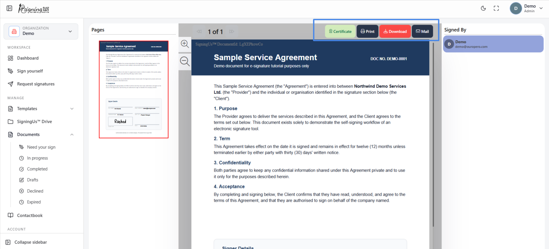 Download & Certificate in the SigningUs app