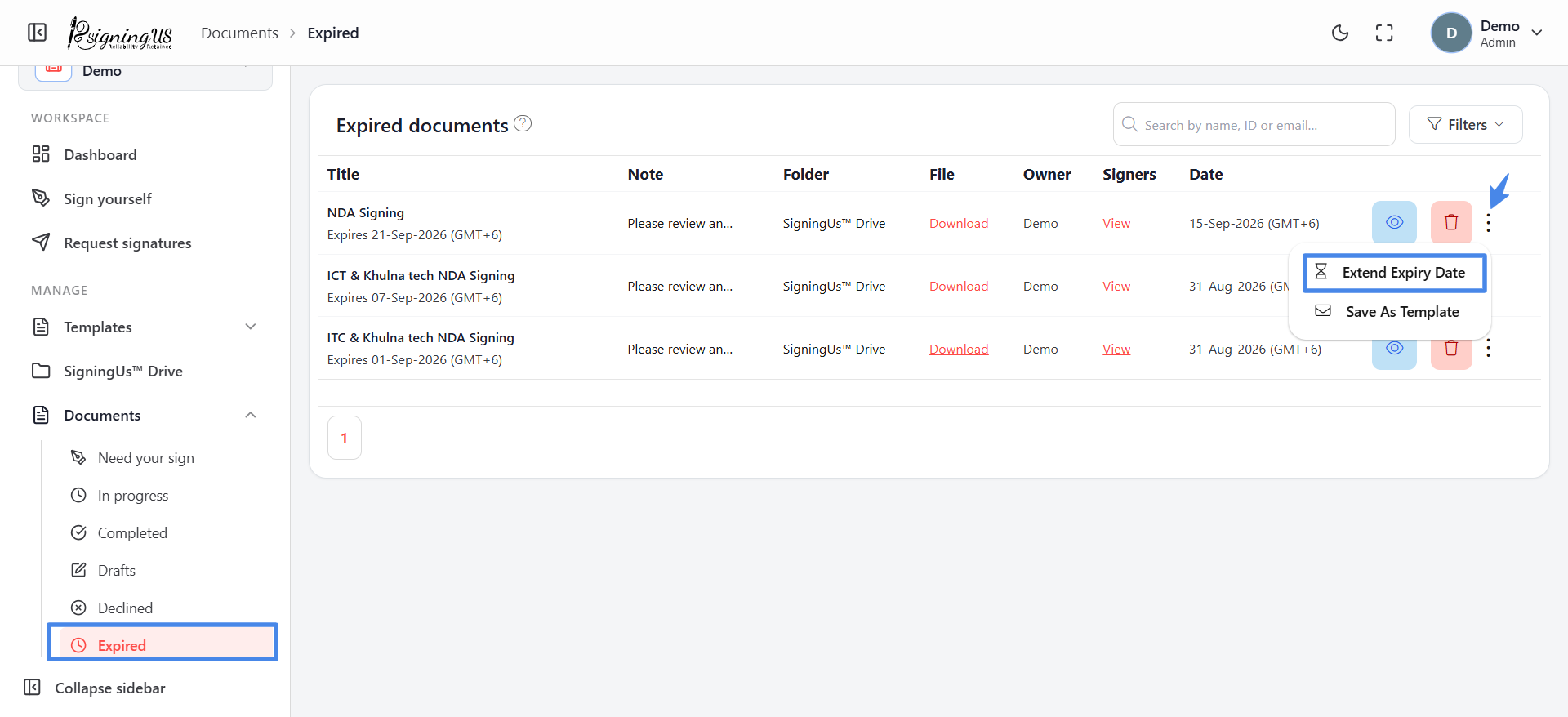 Extend an expired document in the SigningUs app