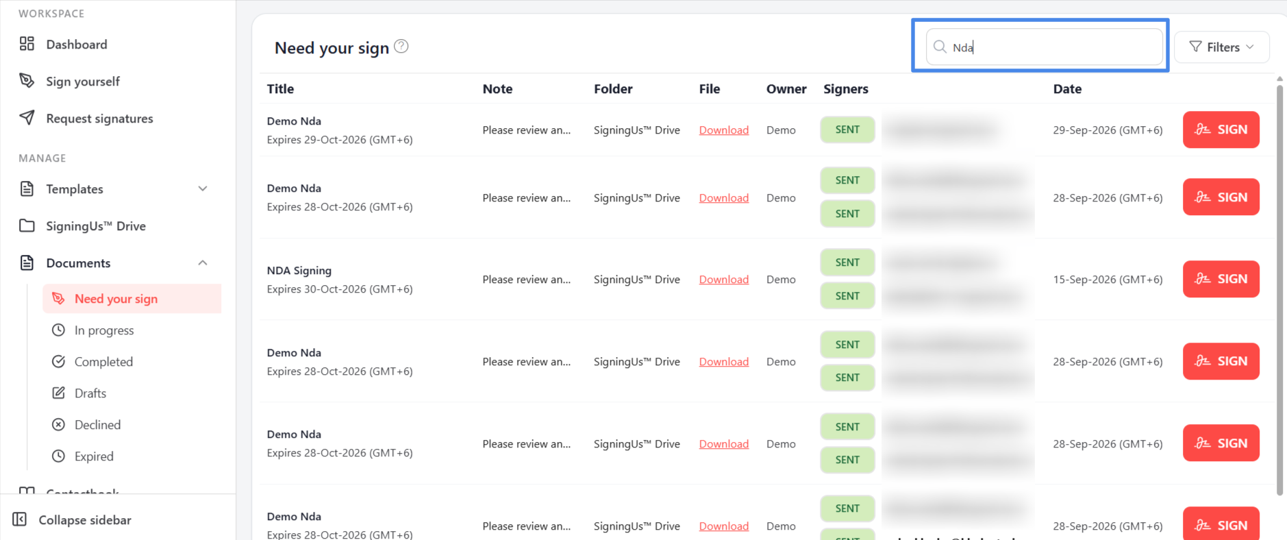 Find a Document in the SigningUs app