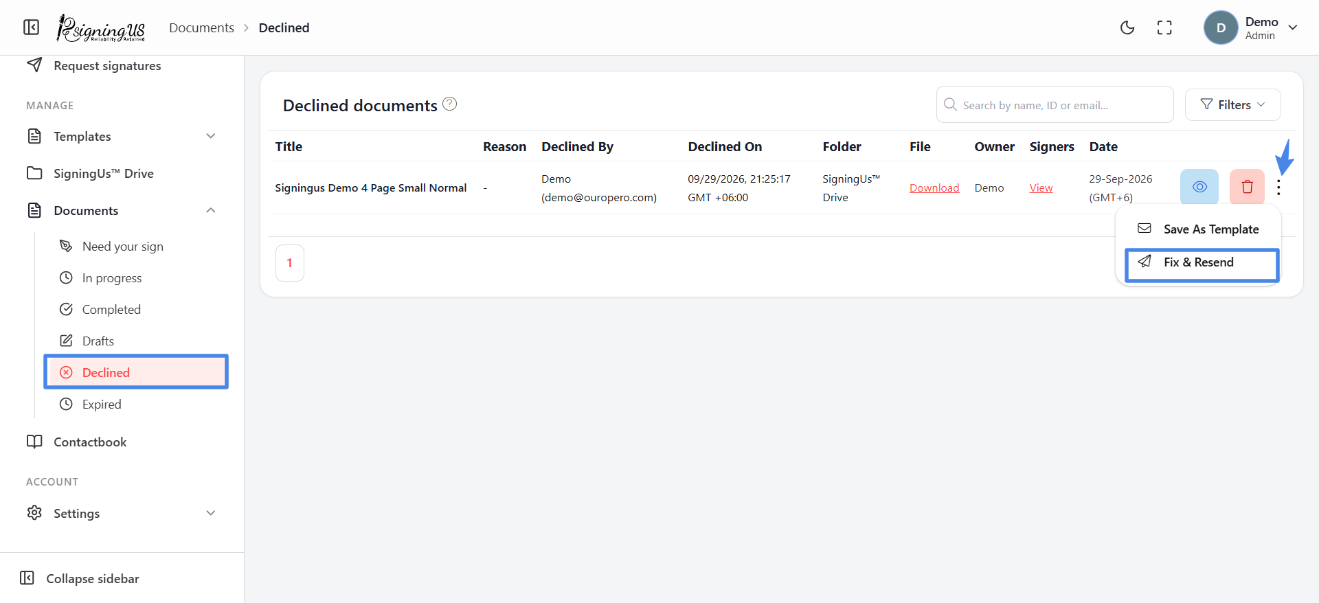Fix and resend a declined document in the SigningUs app