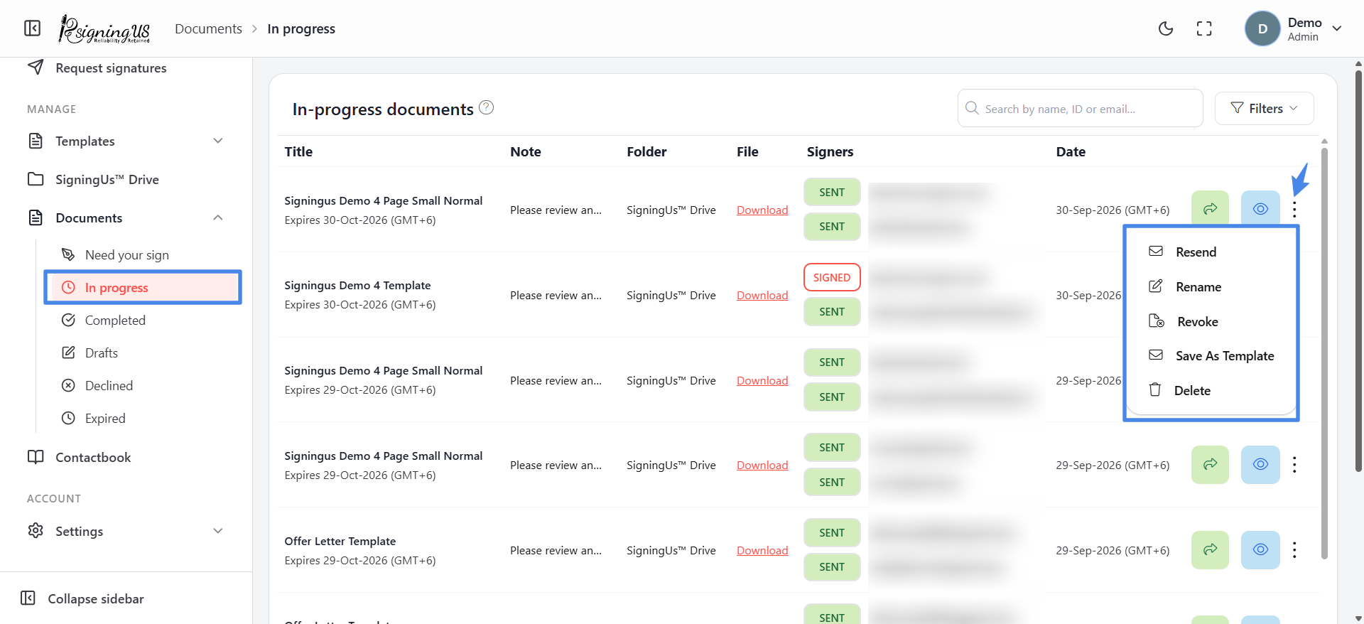 Rename, revoke or delete a document in the SigningUs app