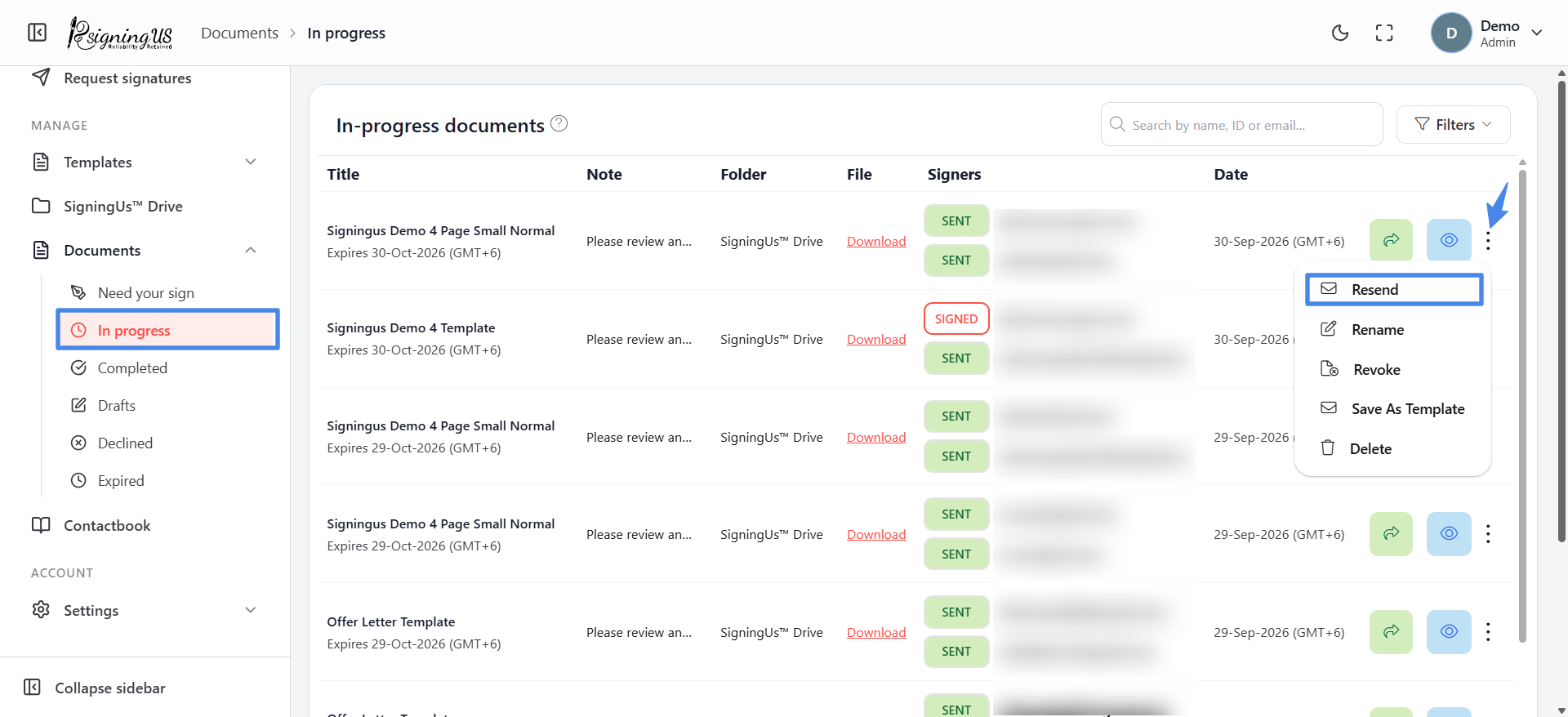 Resend a signing request in the SigningUs app