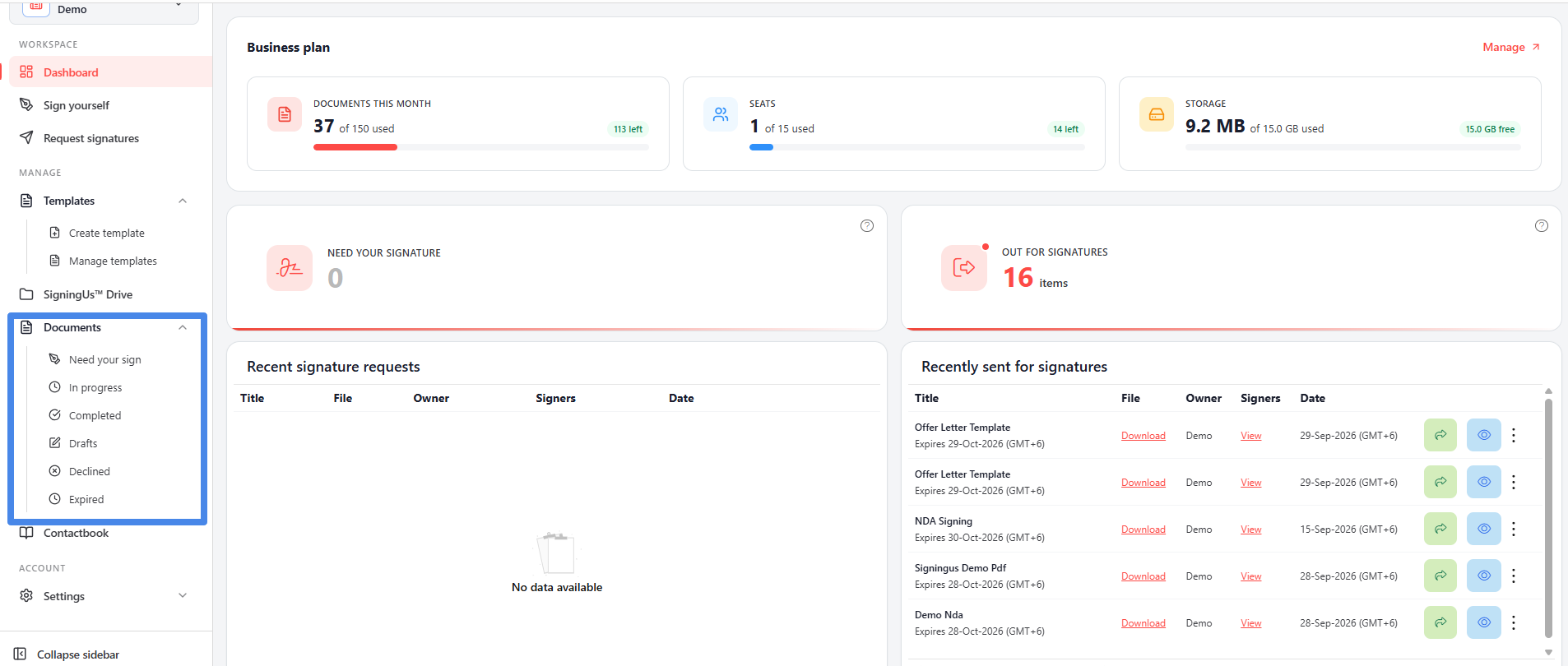 The document lists in the SigningUs app