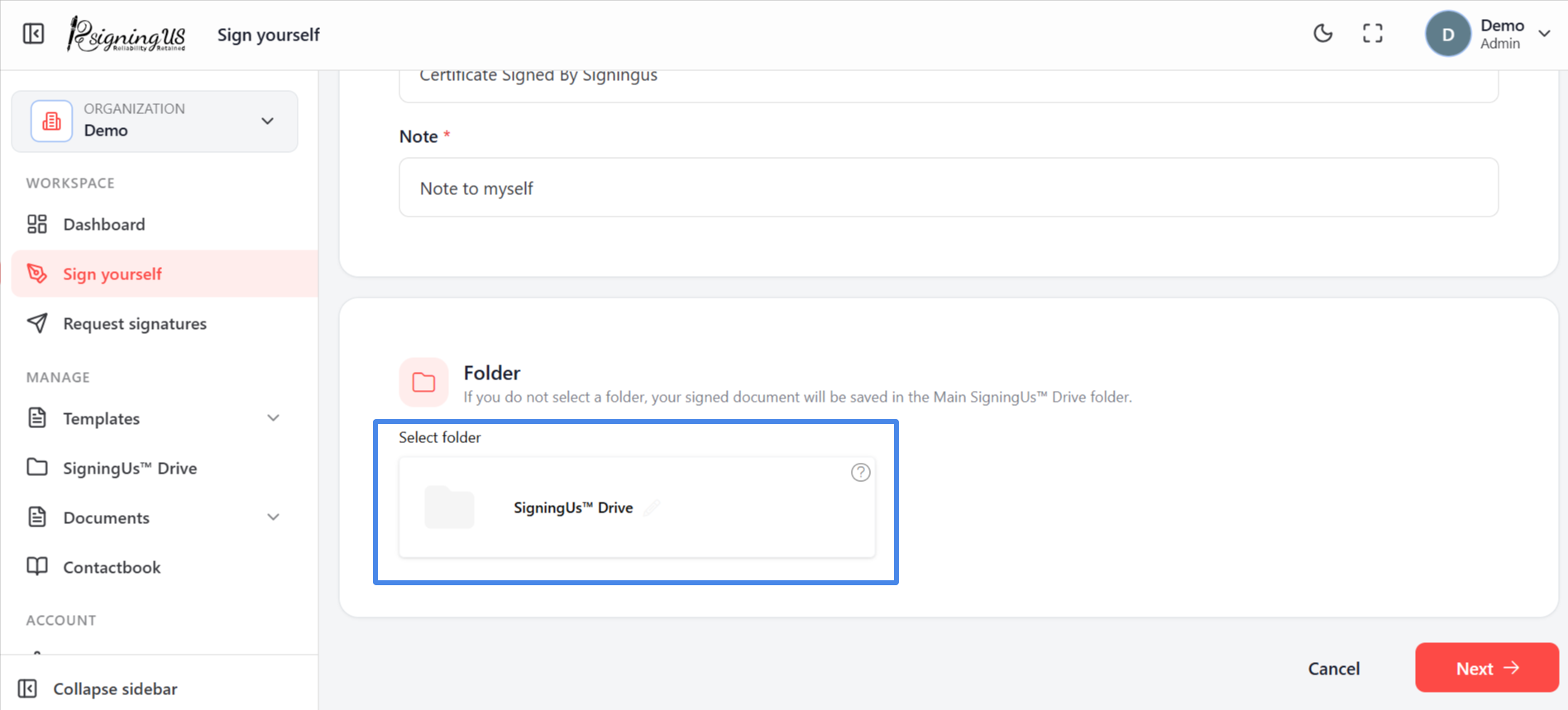 Choose a folder when you create a document in the SigningUs app