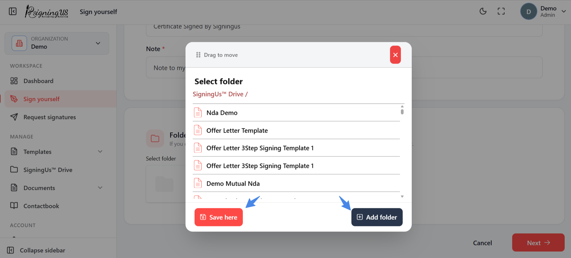 Choose a folder when you create a document in the SigningUs app