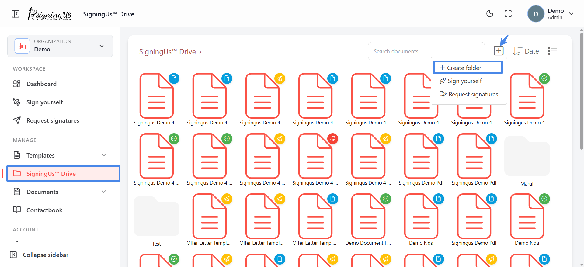 Create folders and organise documents in the SigningUs app
