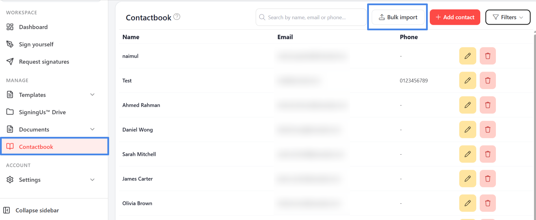 Import contacts from a spreadsheet in the SigningUs app