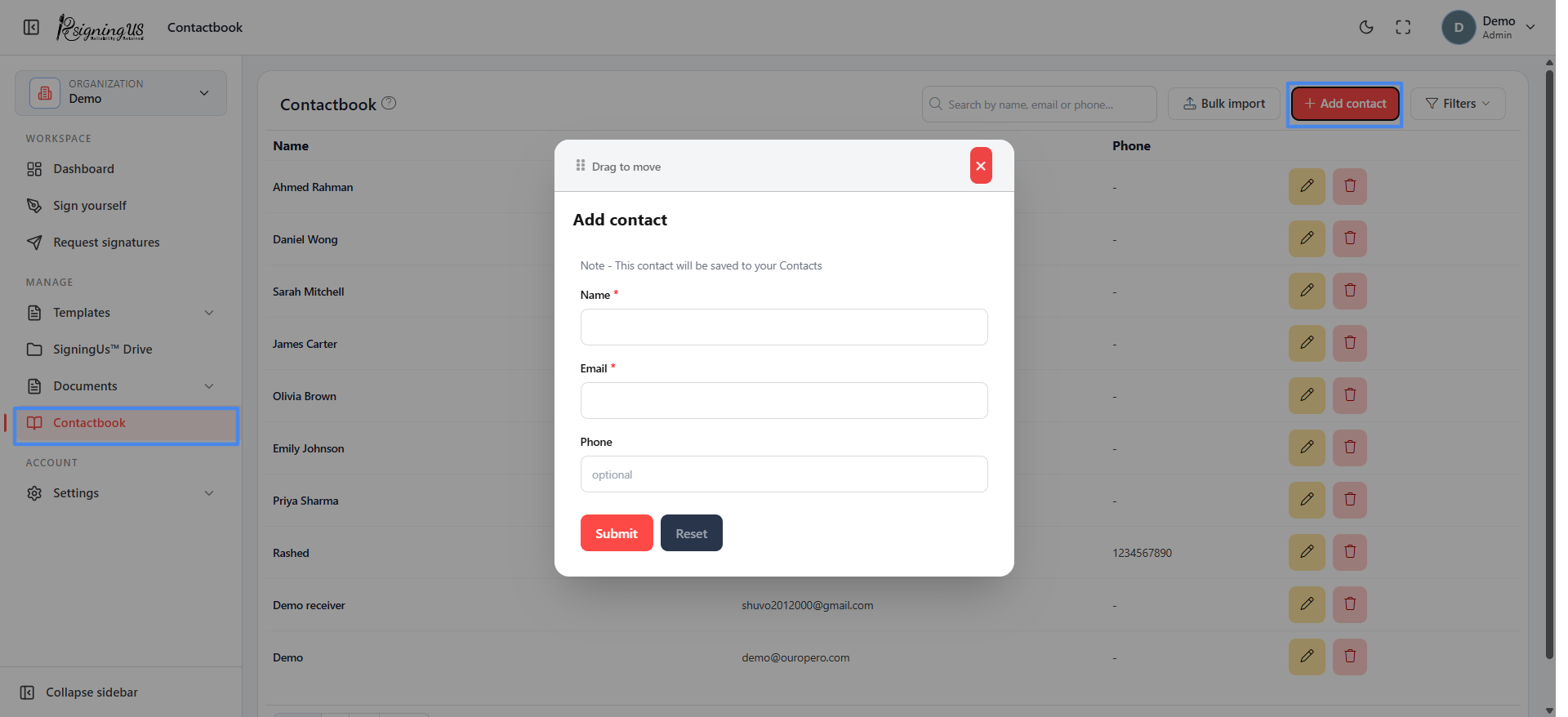 Add, edit and delete contacts in the SigningUs app