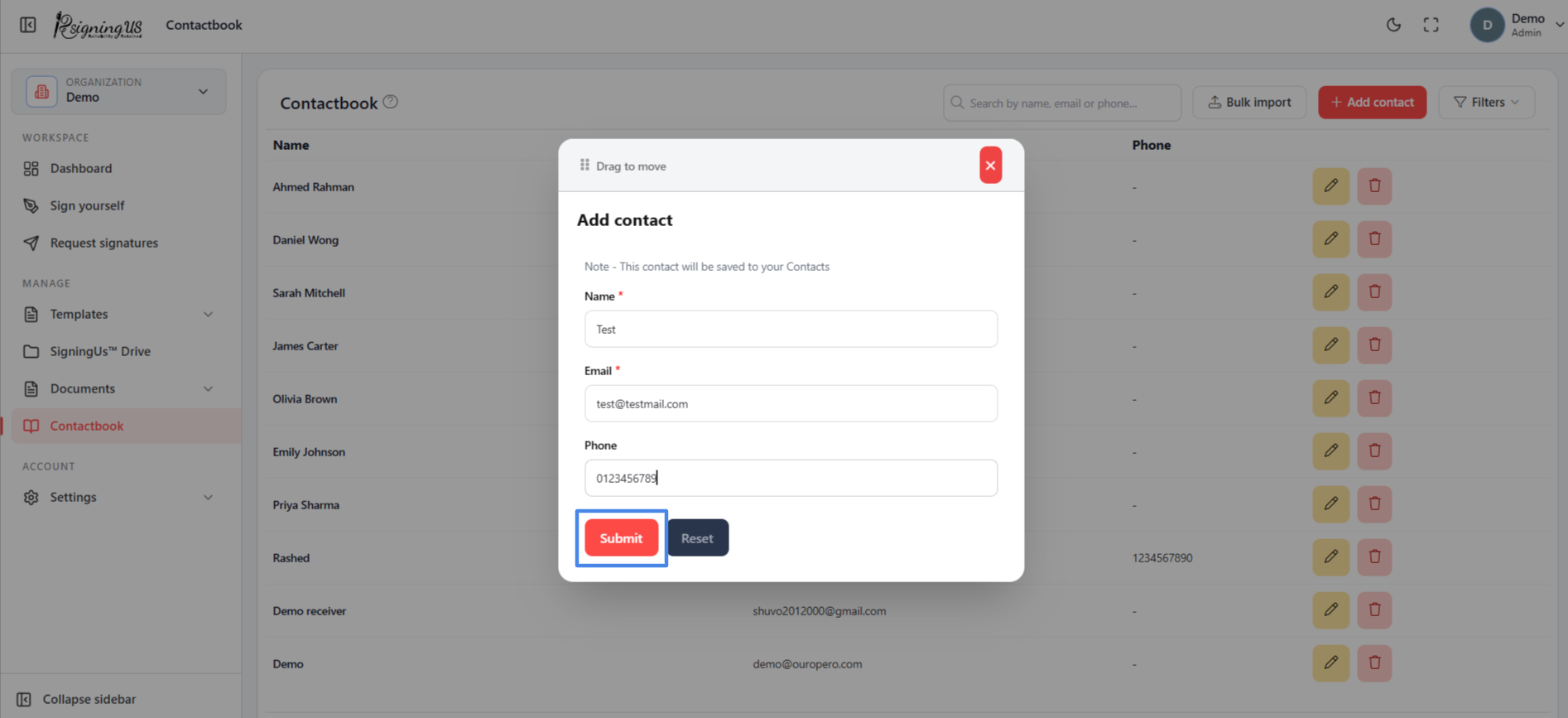 Add, edit and delete contacts in the SigningUs app