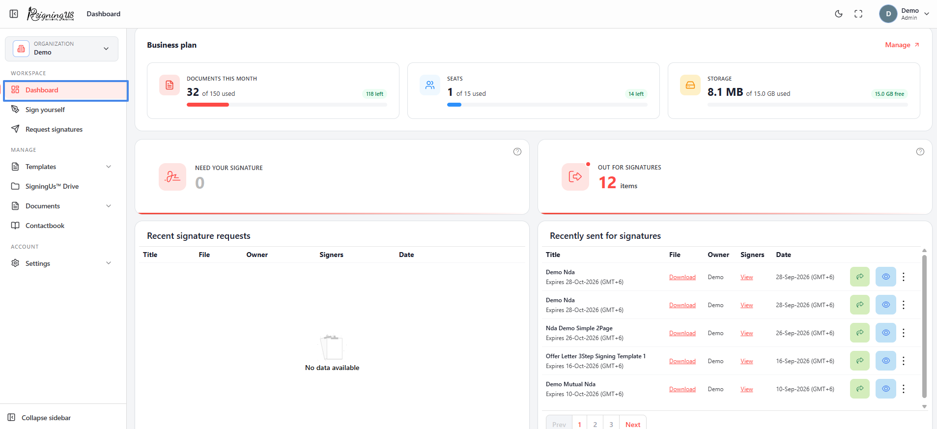 The dashboard in the SigningUs app