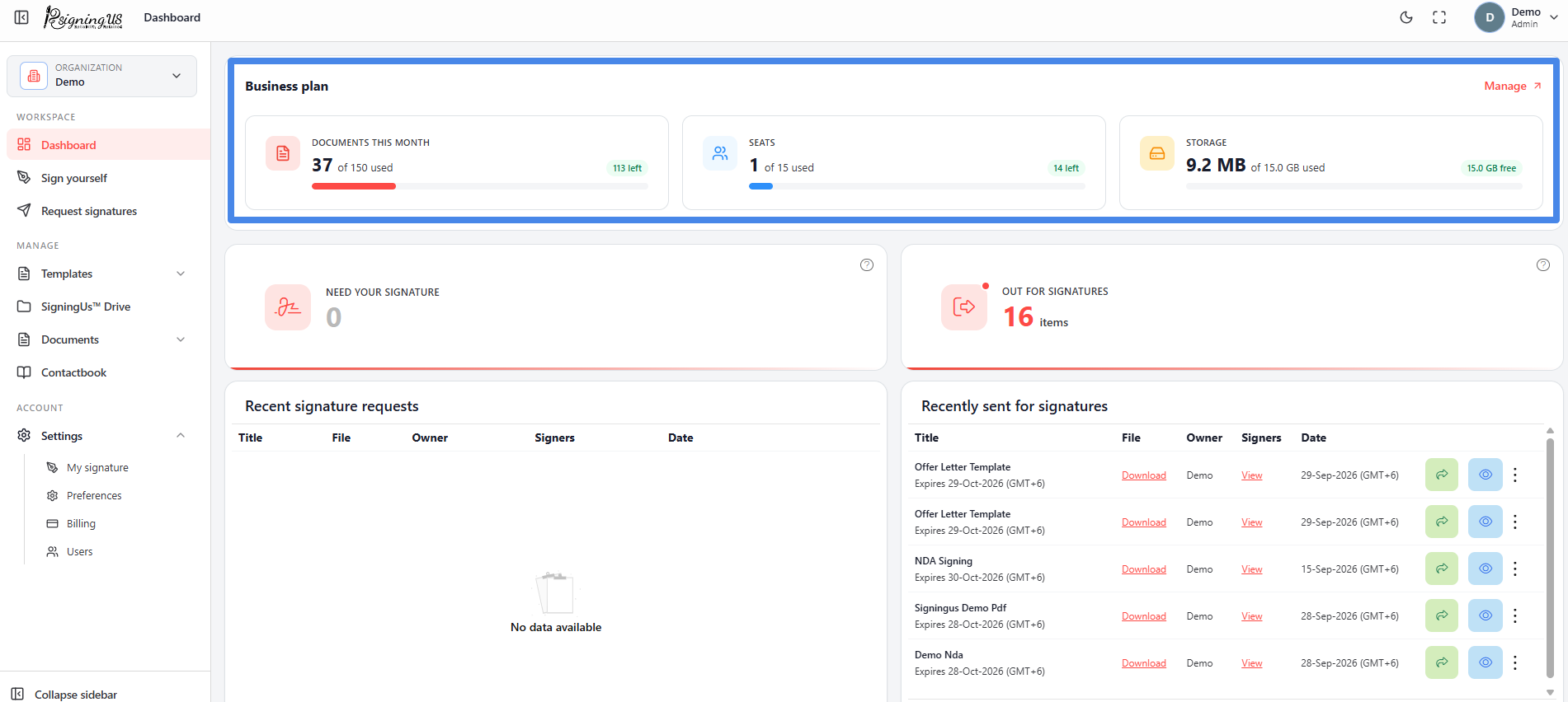 The dashboard in the SigningUs app