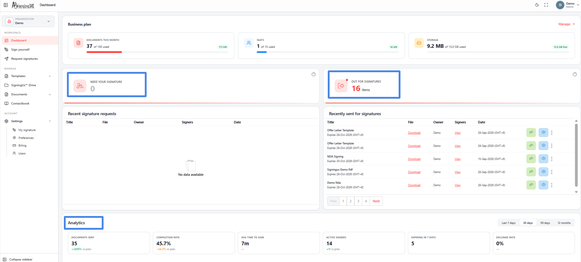 The dashboard in the SigningUs app