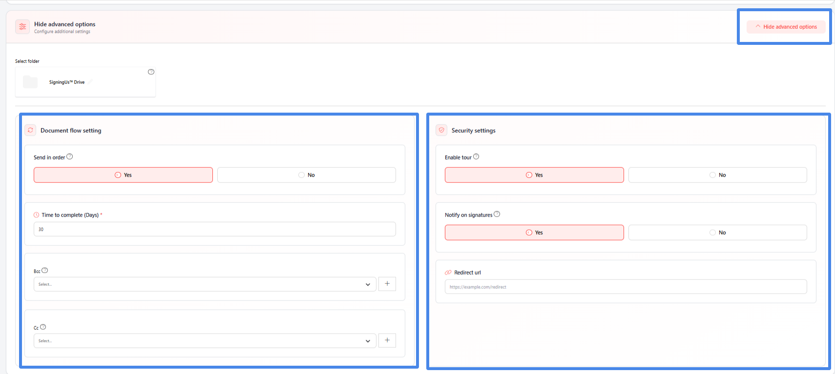 Advanced options in the SigningUs app