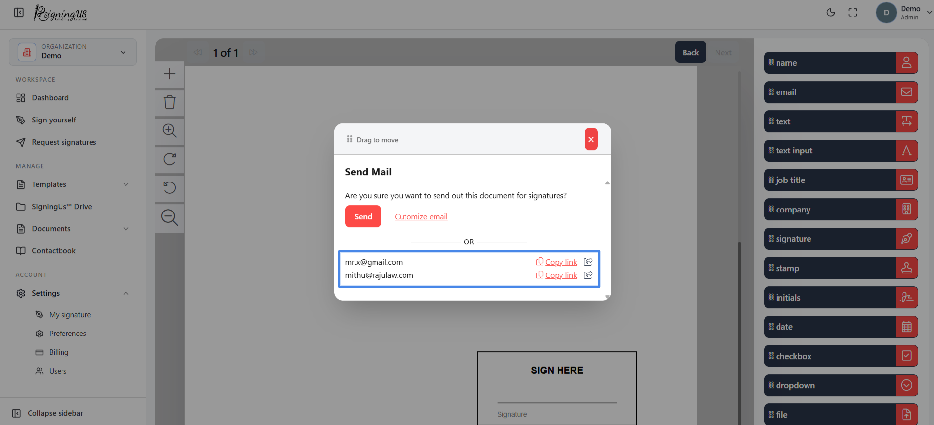 Copy or share a signing link in the SigningUs app