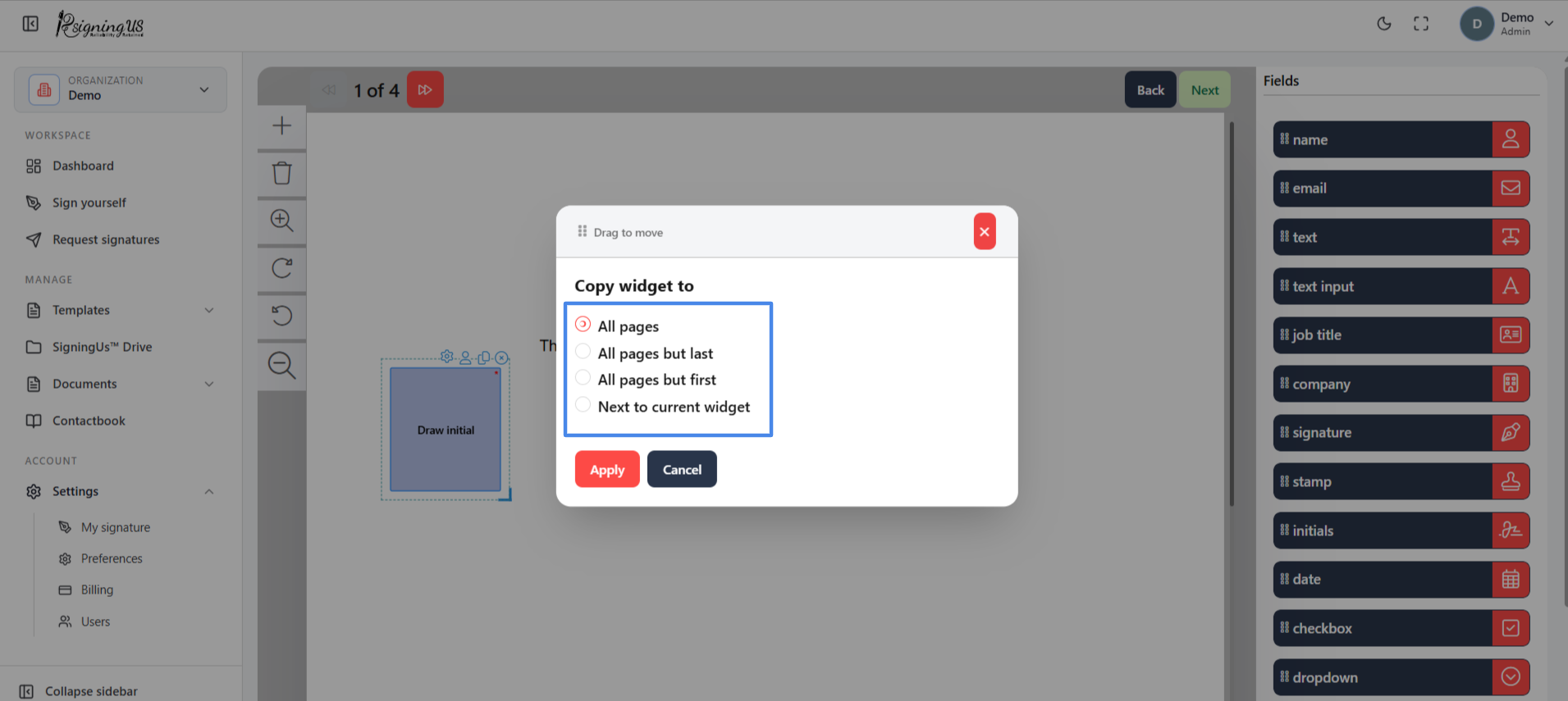Copy a field to other pages in the SigningUs app