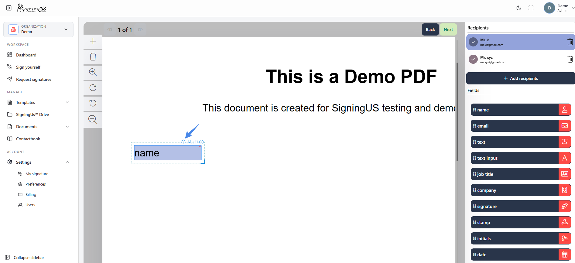 Field settings in the SigningUs app