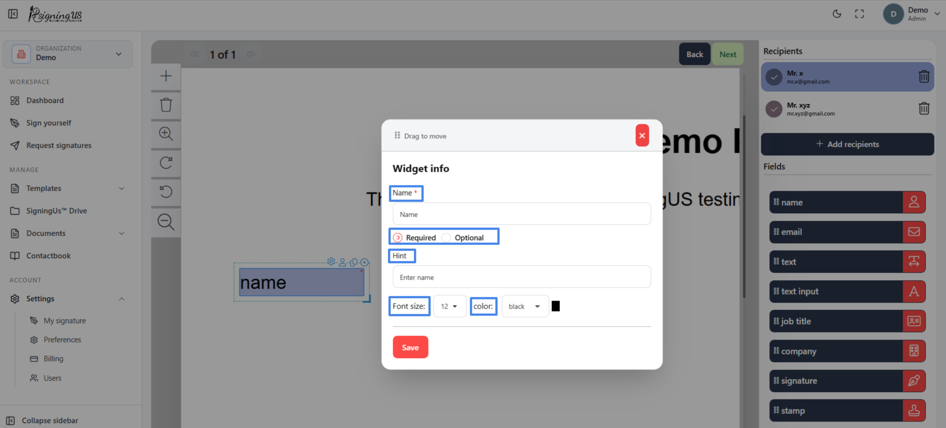 Field settings in the SigningUs app