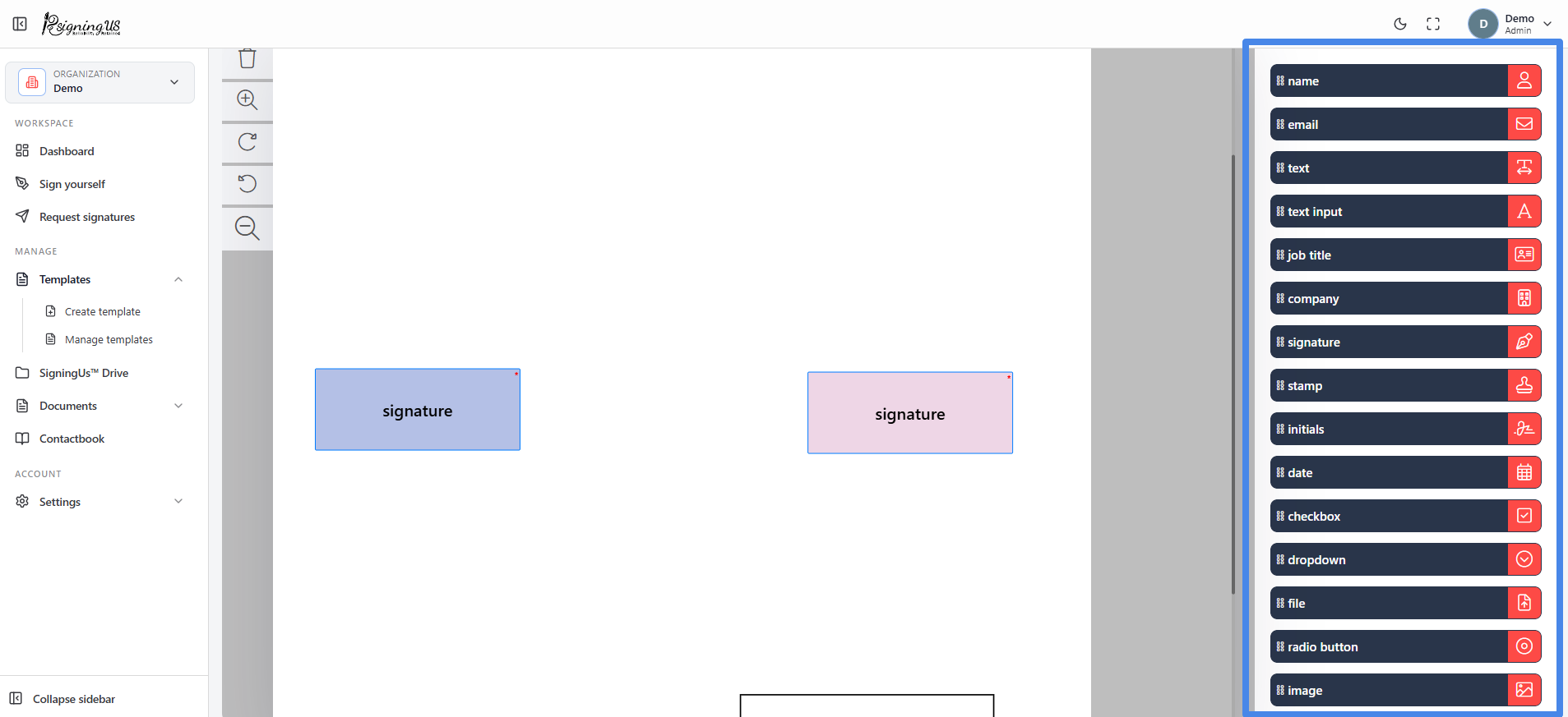 Field types in the SigningUs app