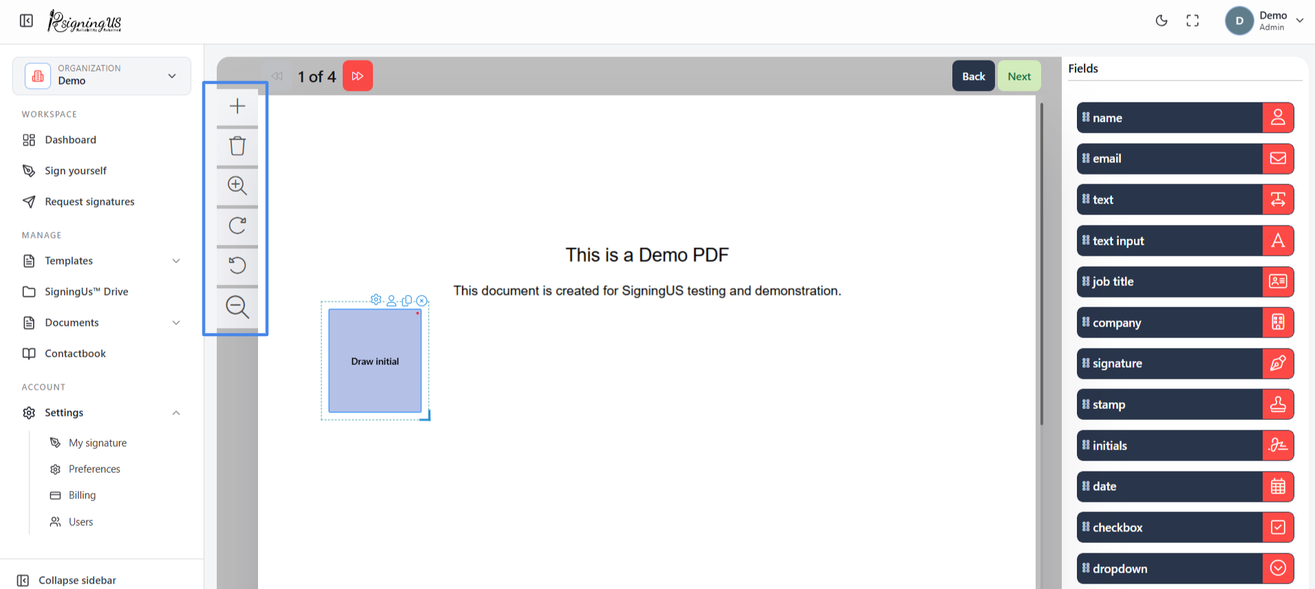 Page Tools in the SigningUs app