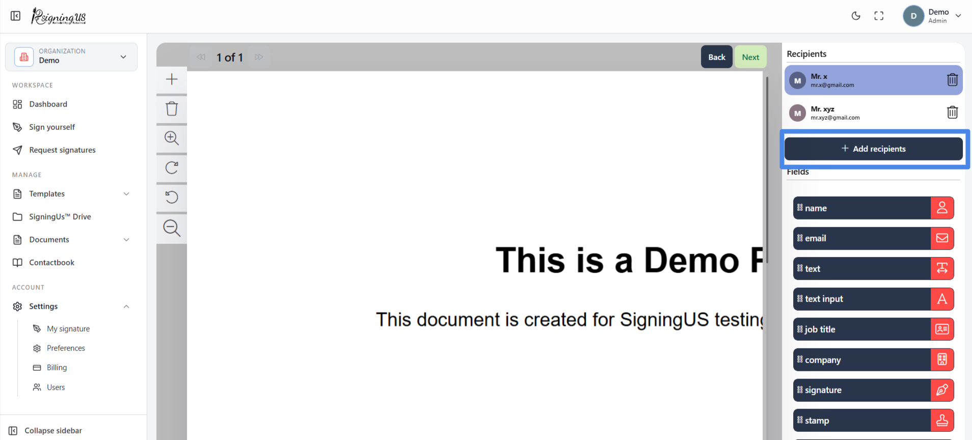 Recipients and Signing Order in the SigningUs app