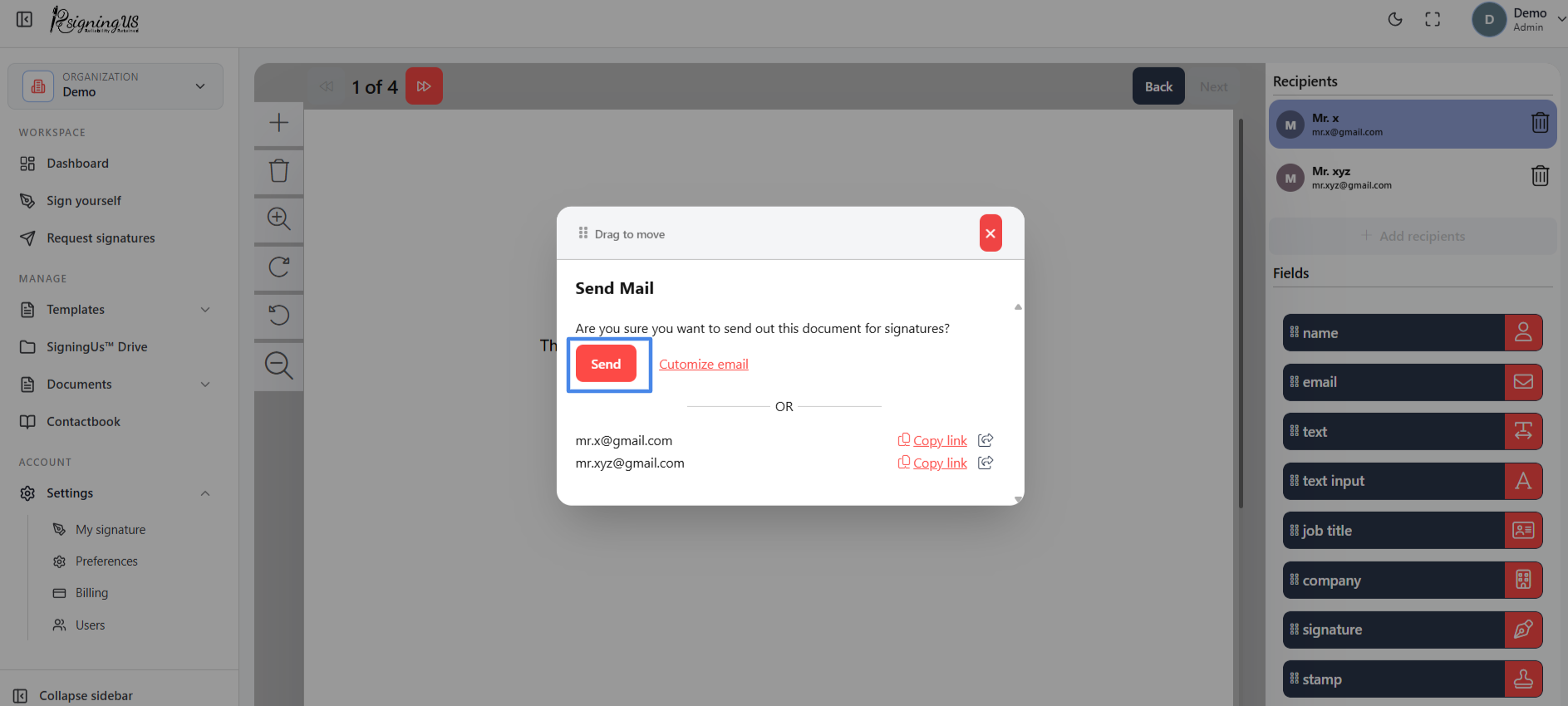 Send the document by email in the SigningUs app