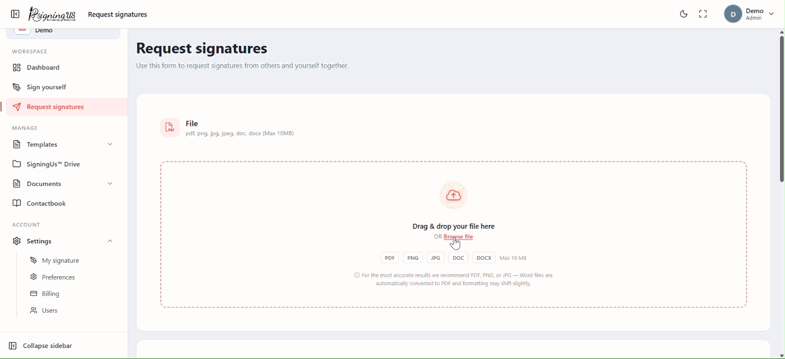 Fill in the request form in the SigningUs app