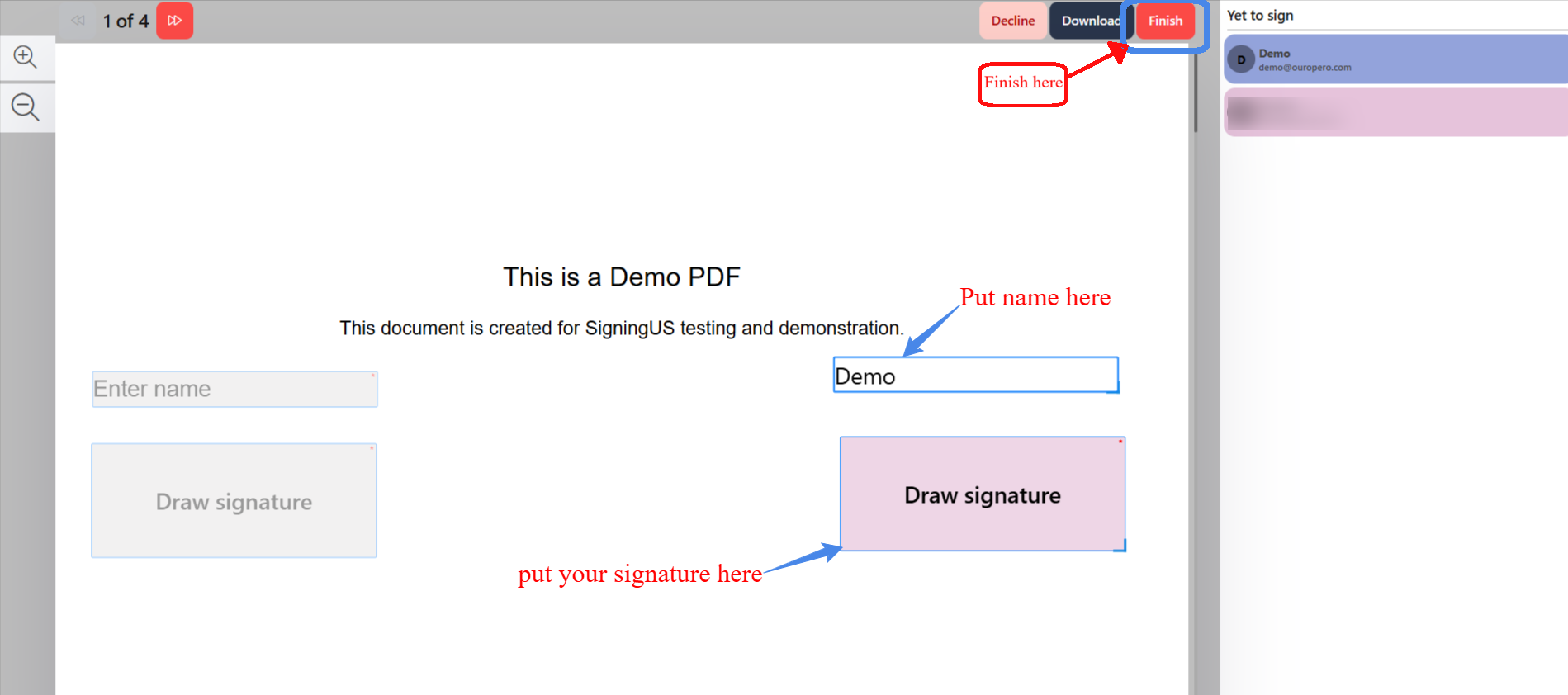 Complete the fields and finish in the SigningUs app