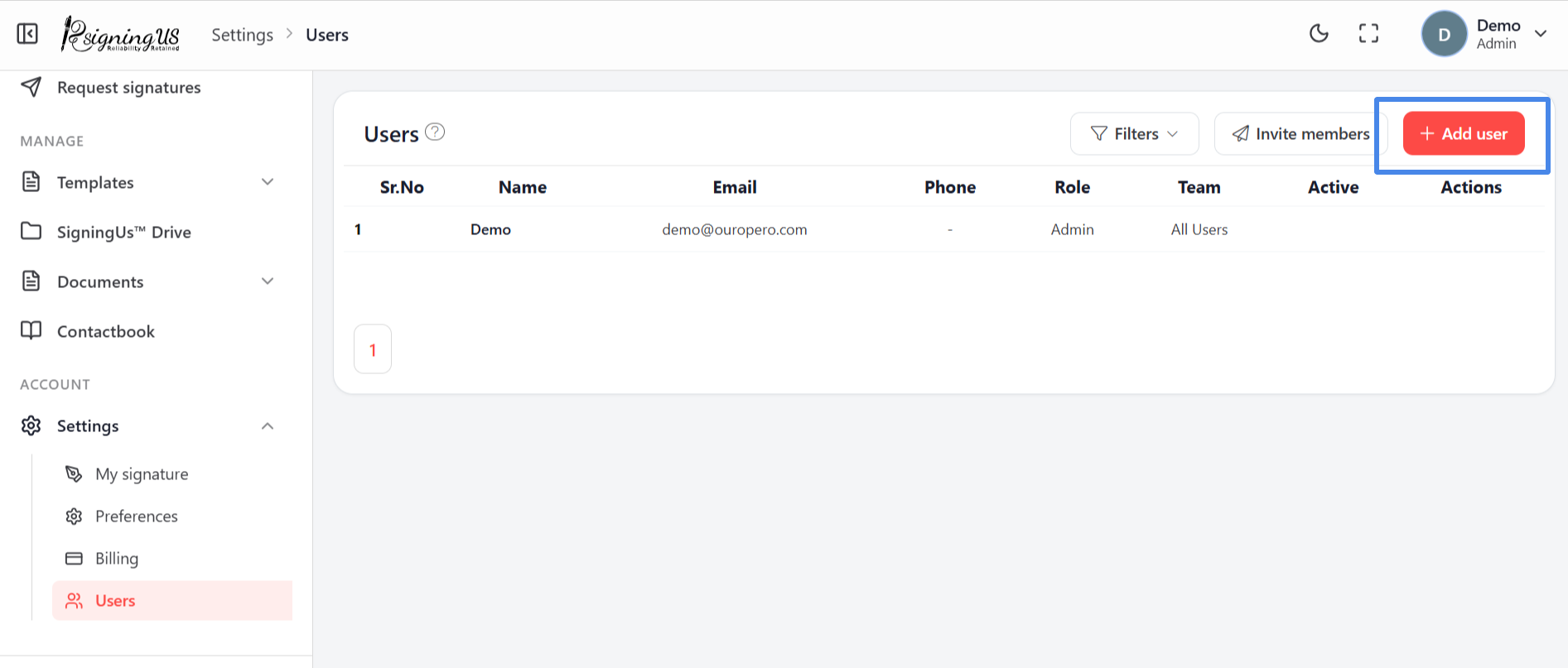 The Users page with the "Add user" button highlighted.