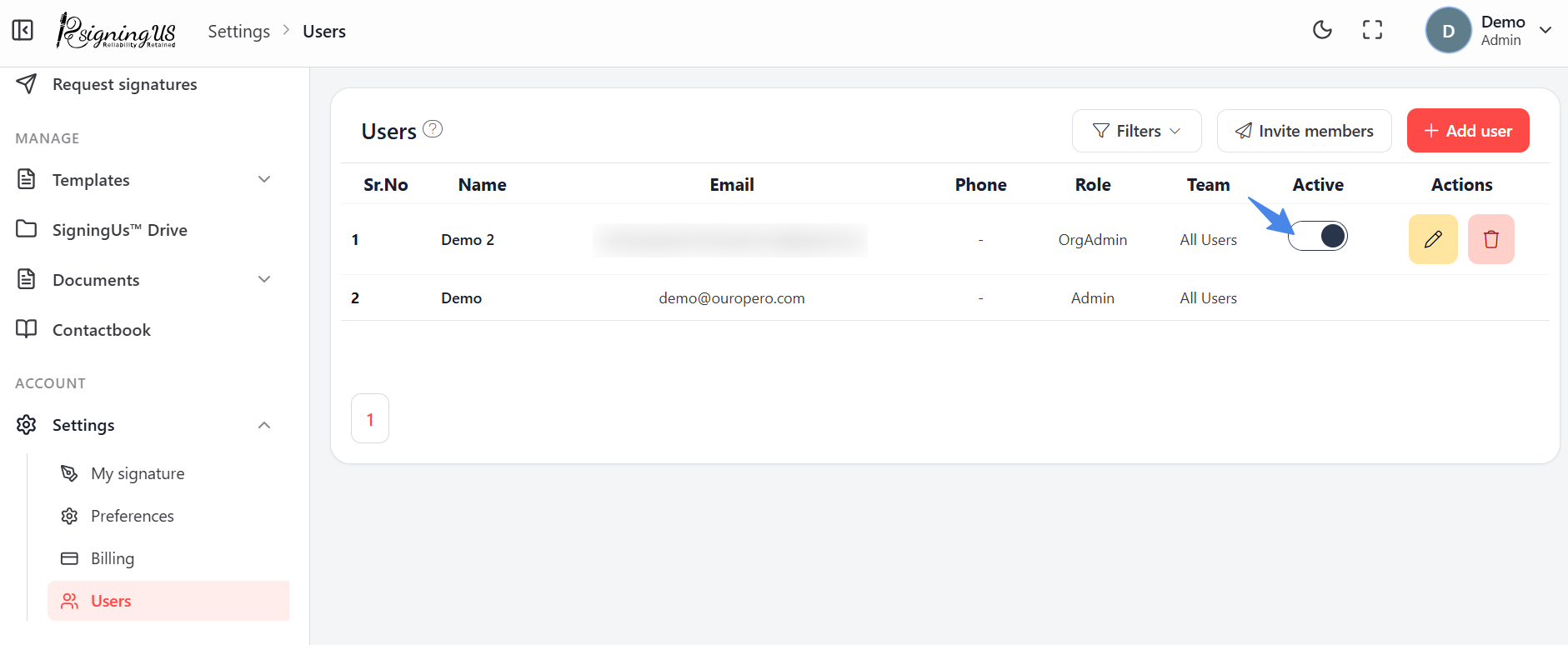 The Users page with the switch in the Active column highlighted.