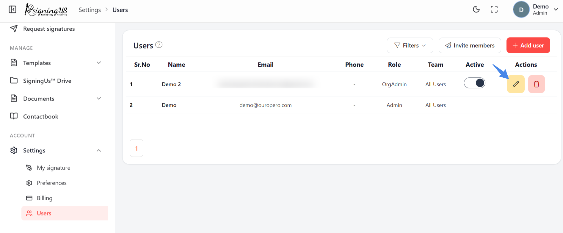 The Users page with the pencil icon on a member's row highlighted.