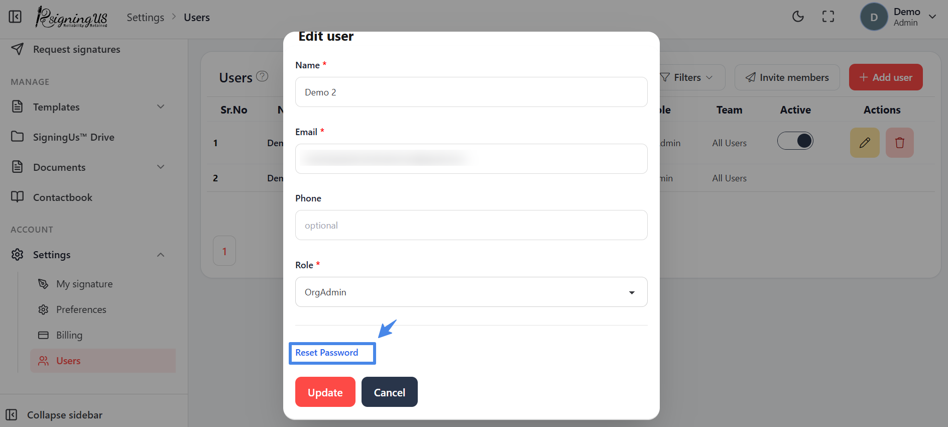 The "Edit user" dialog with Name, Email, Phone and Role fields, and "Reset Password" highlighted.