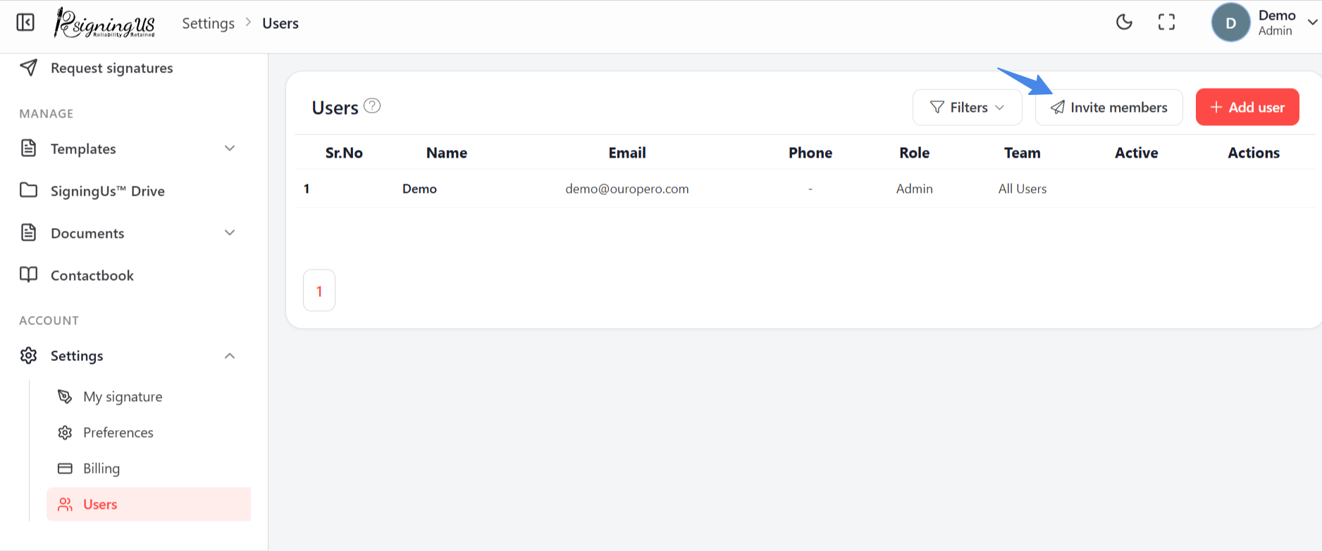 The Users page with the "Invite members" button highlighted.