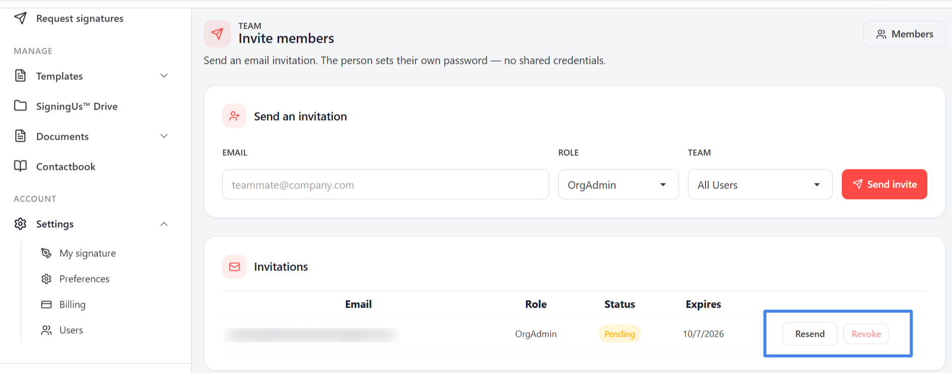 The "Invite members" page: "Send an invitation" above the Invitations list, with Resend and Revoke highlighted on a pending invitation.