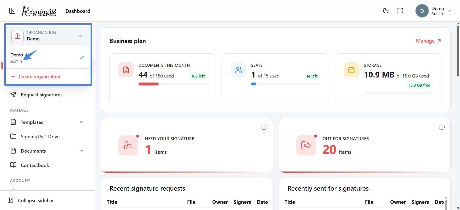 The SigningUs dashboard with the organization switcher open, showing the signed-in account as Admin.