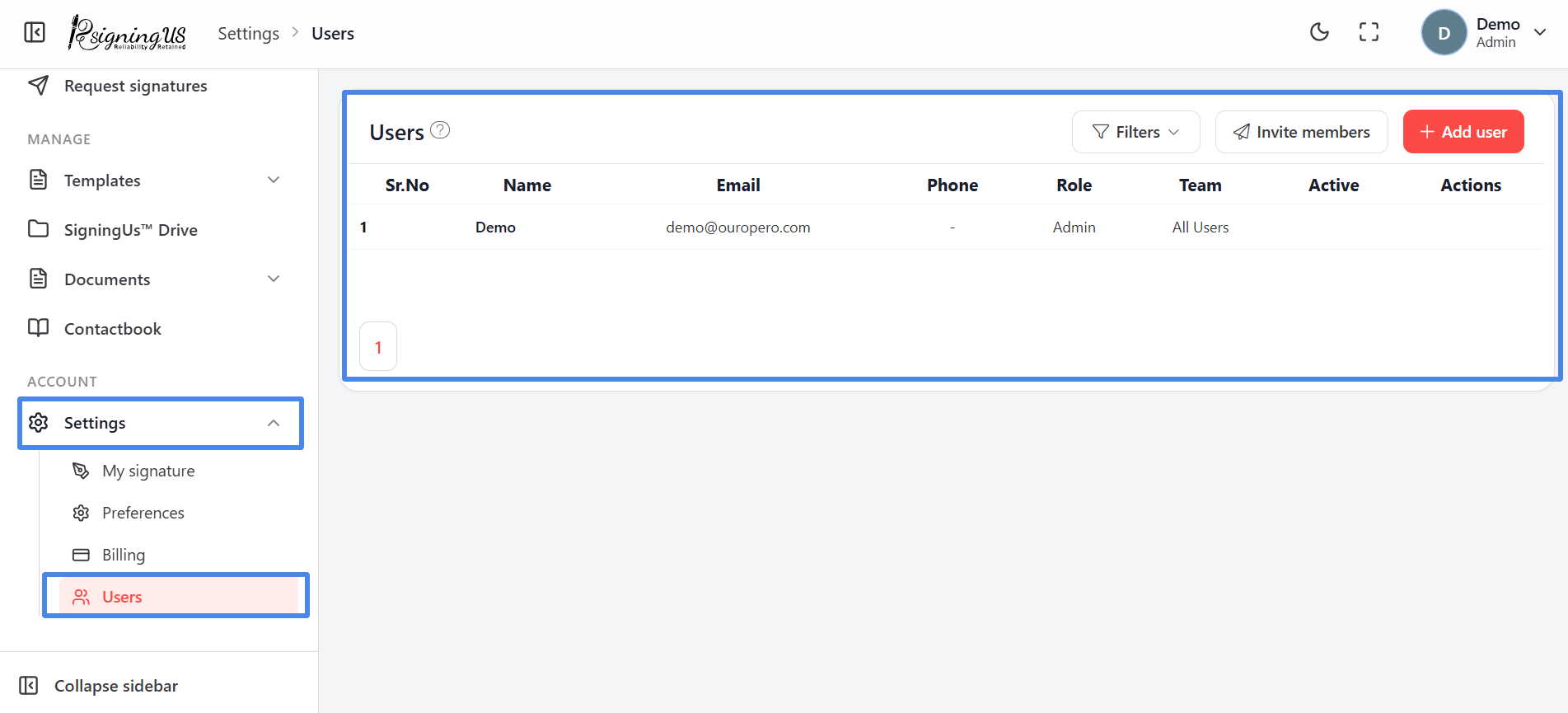 Settings, then Users: the member list with the Filters, Invite members and Add user buttons above it.
