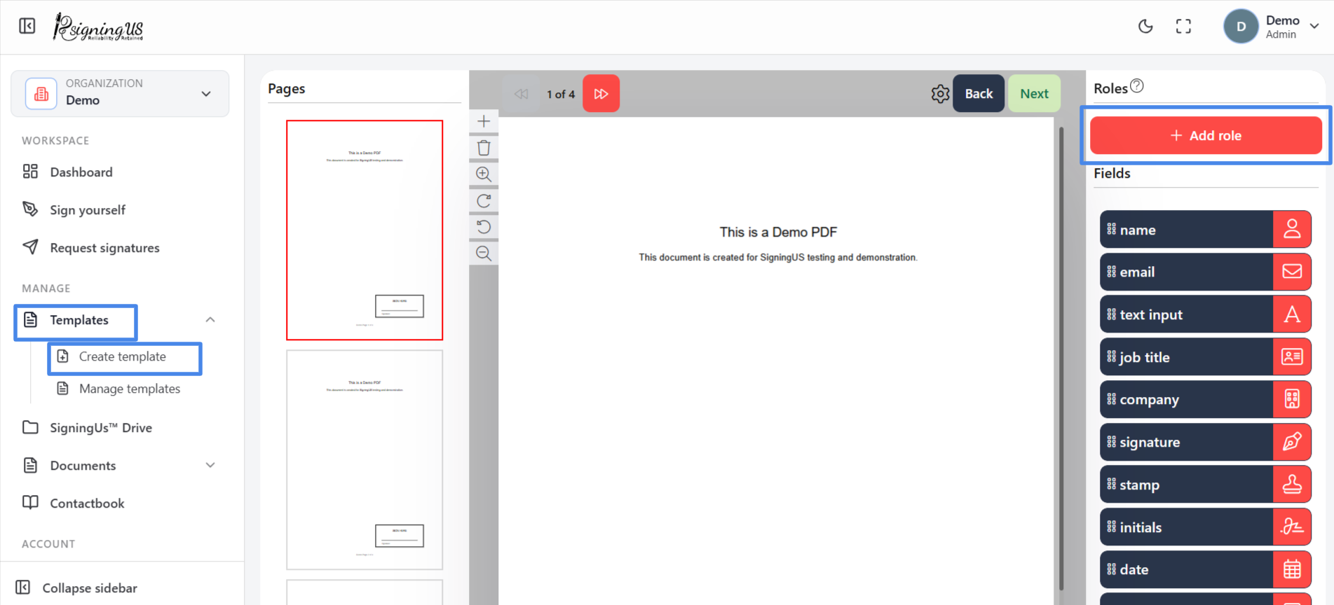 Add roles to a template in the SigningUs app
