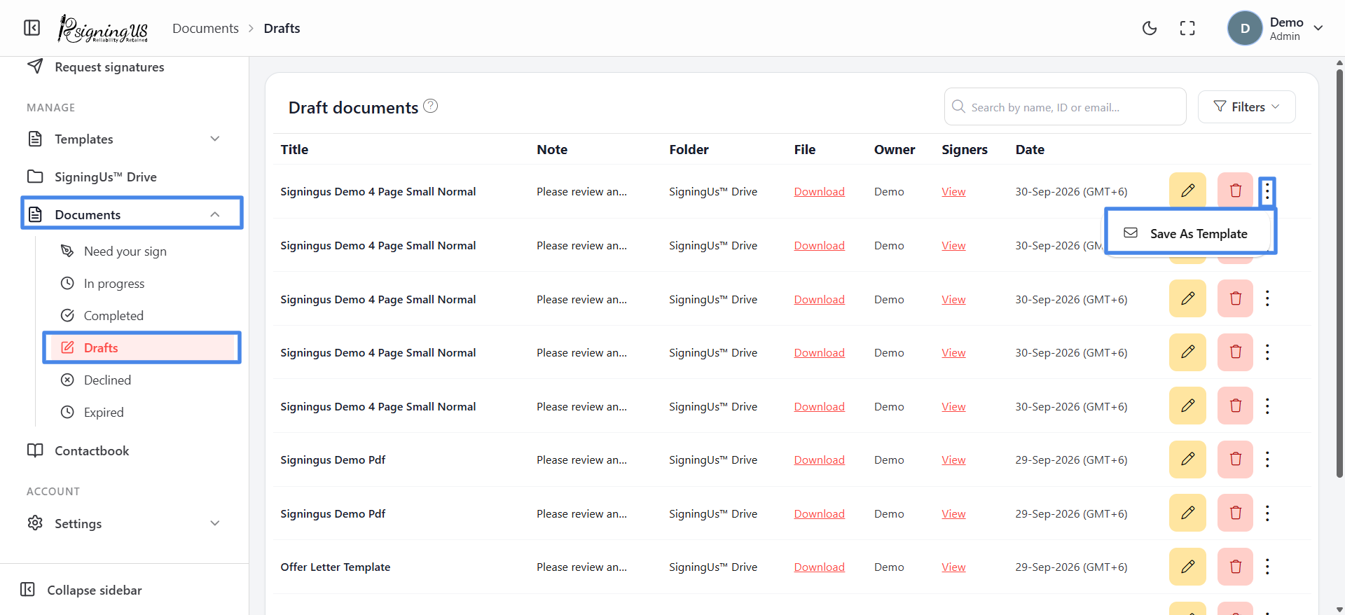Save a Document as a Template in the SigningUs app