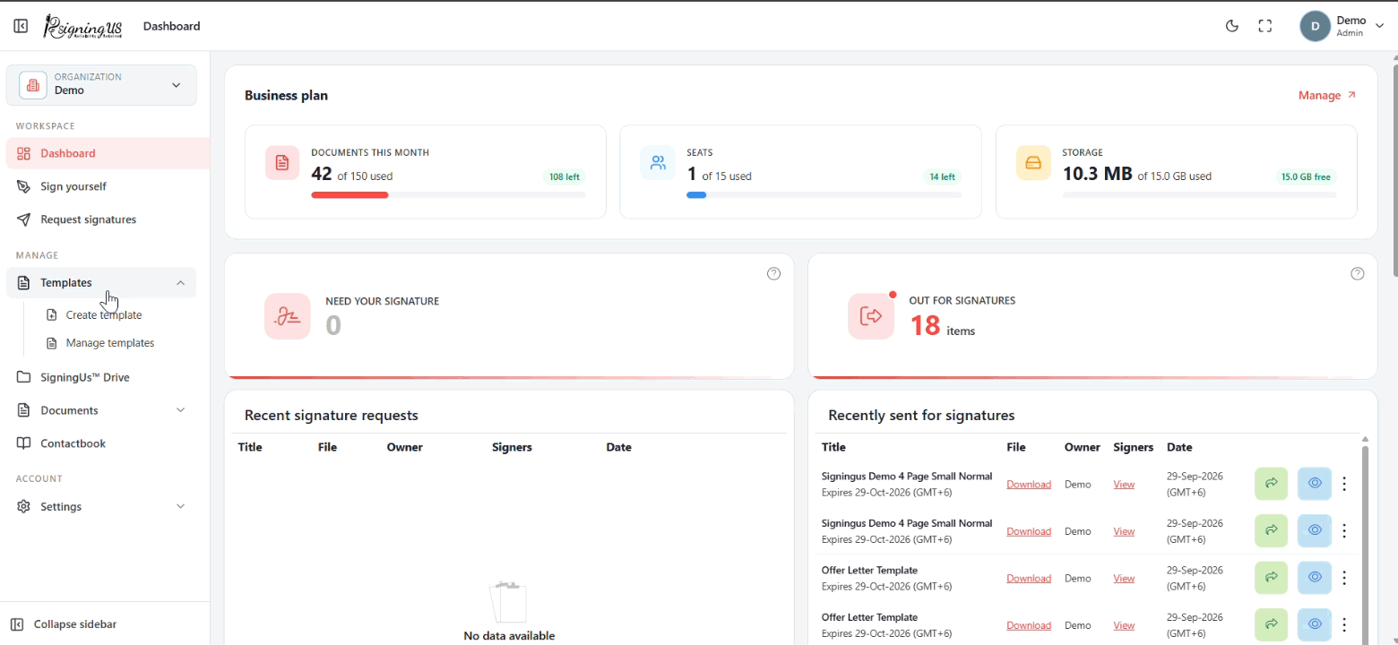 Start a new template in the SigningUs app