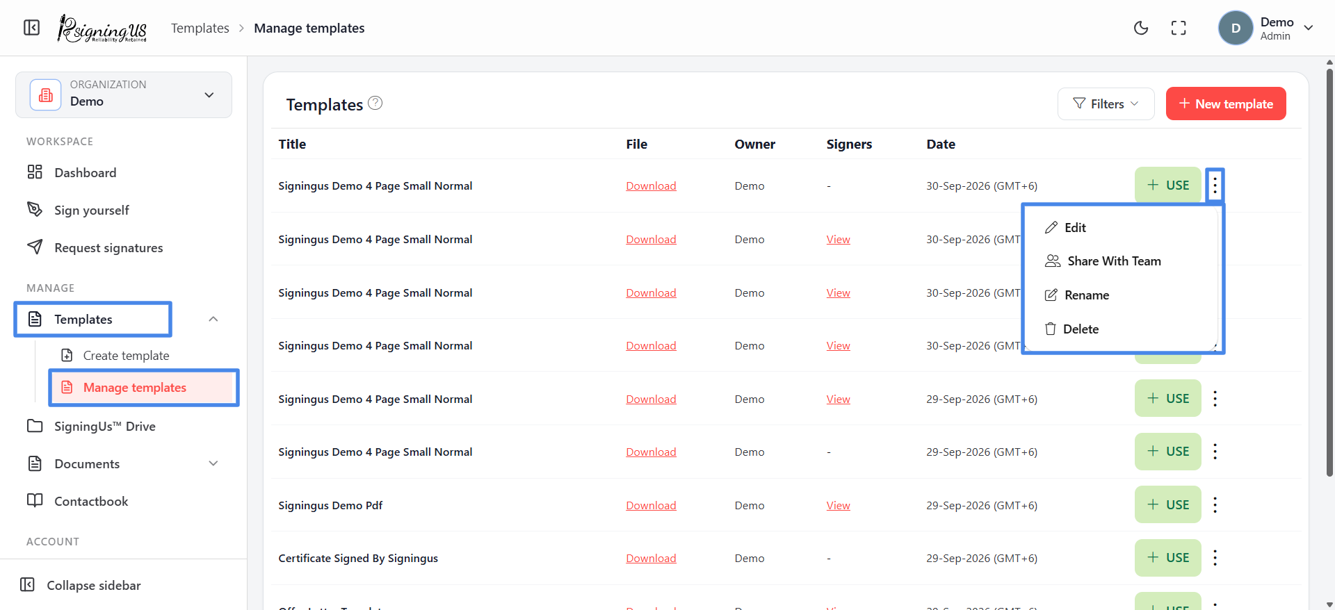 The template list and its actions in the SigningUs app