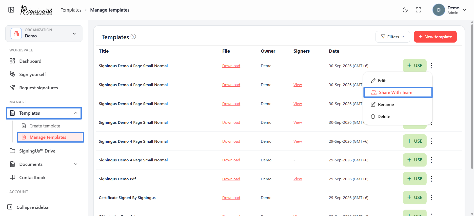 The template list and its actions in the SigningUs app