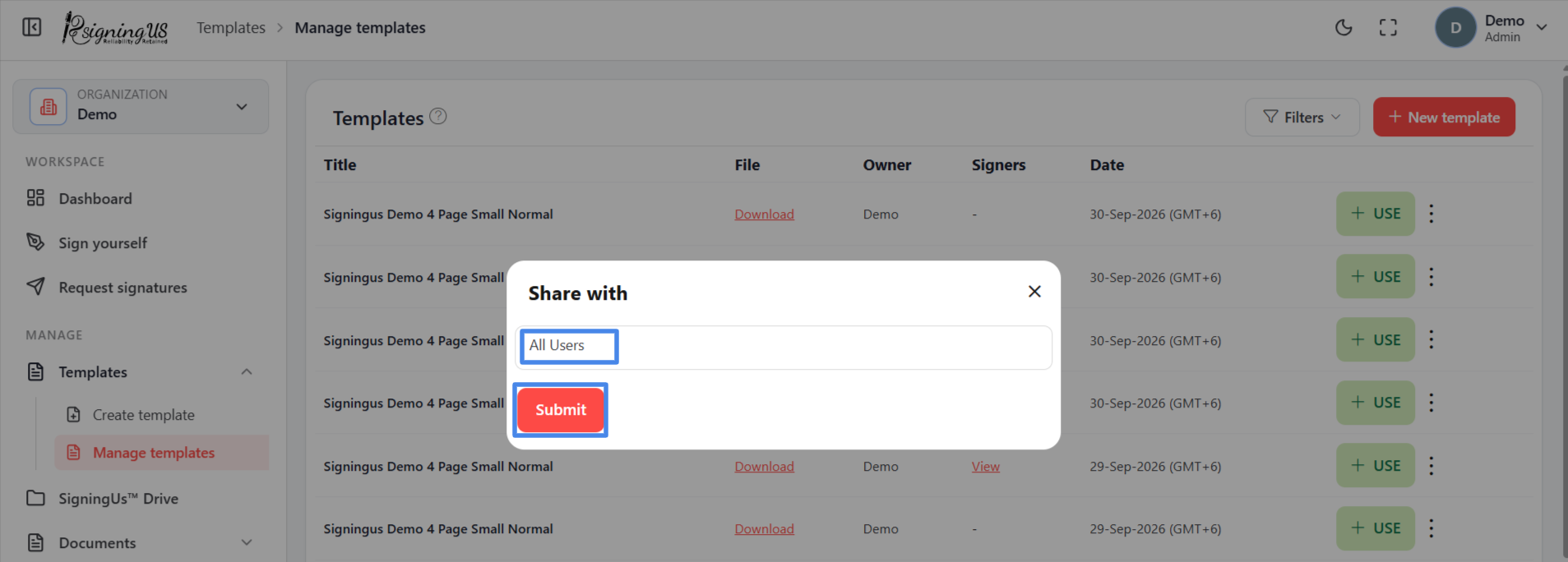 The template list and its actions in the SigningUs app